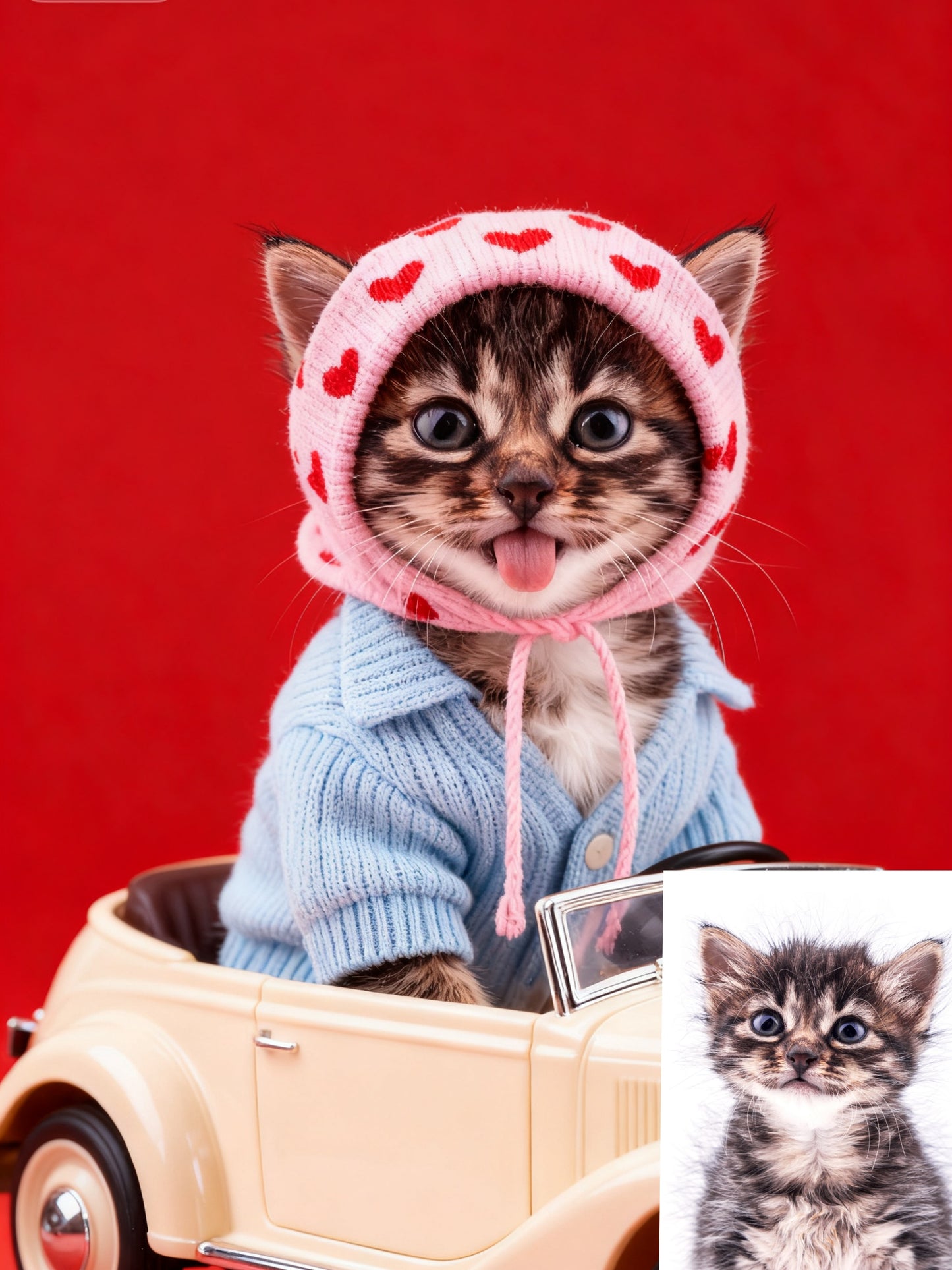 The Love Bug Custom Pet Portrait, Retro Pet in Car with Hearts & Sweater