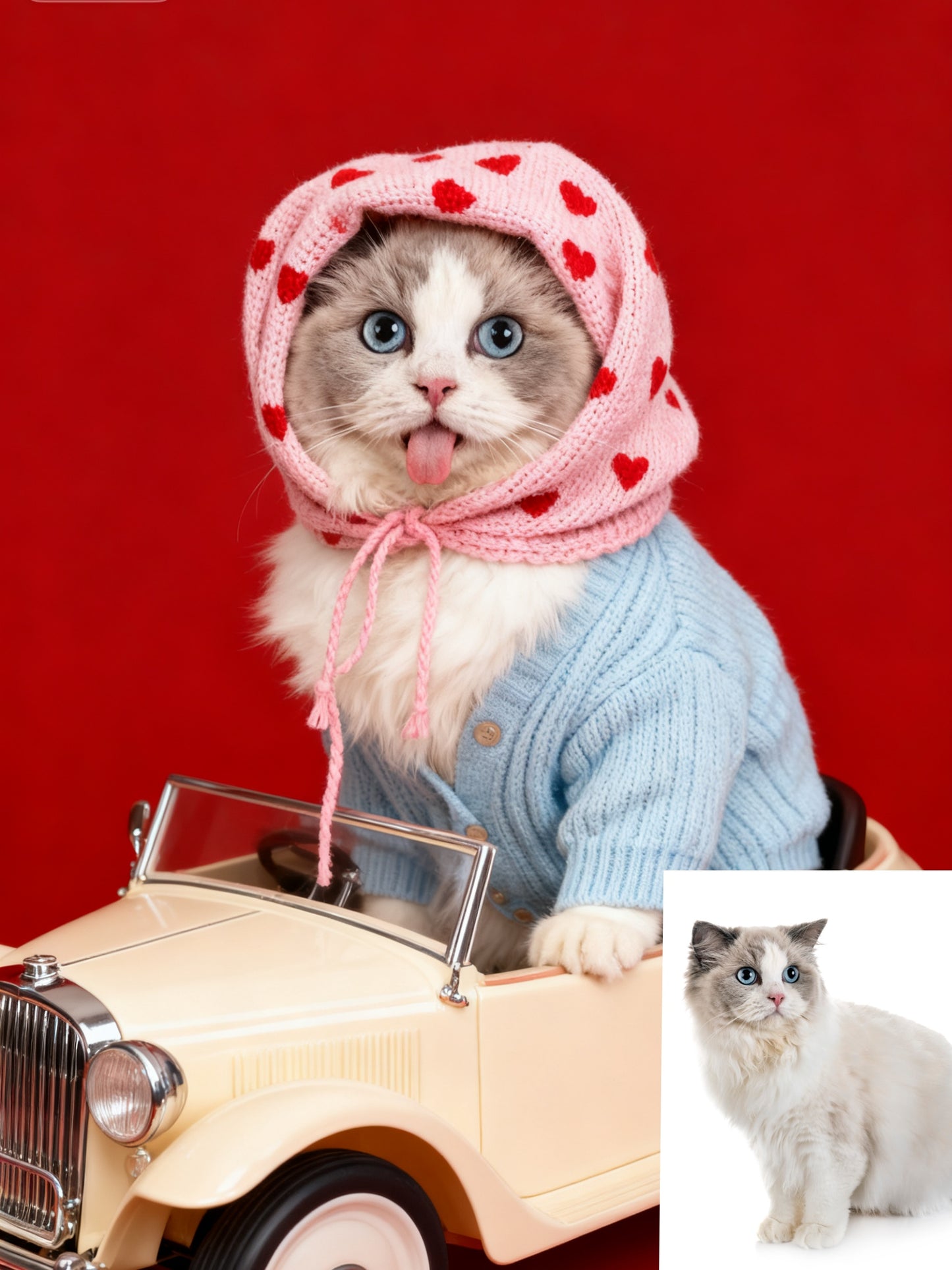 The Love Bug Custom Pet Portrait, Retro Pet in Car with Hearts & Sweater