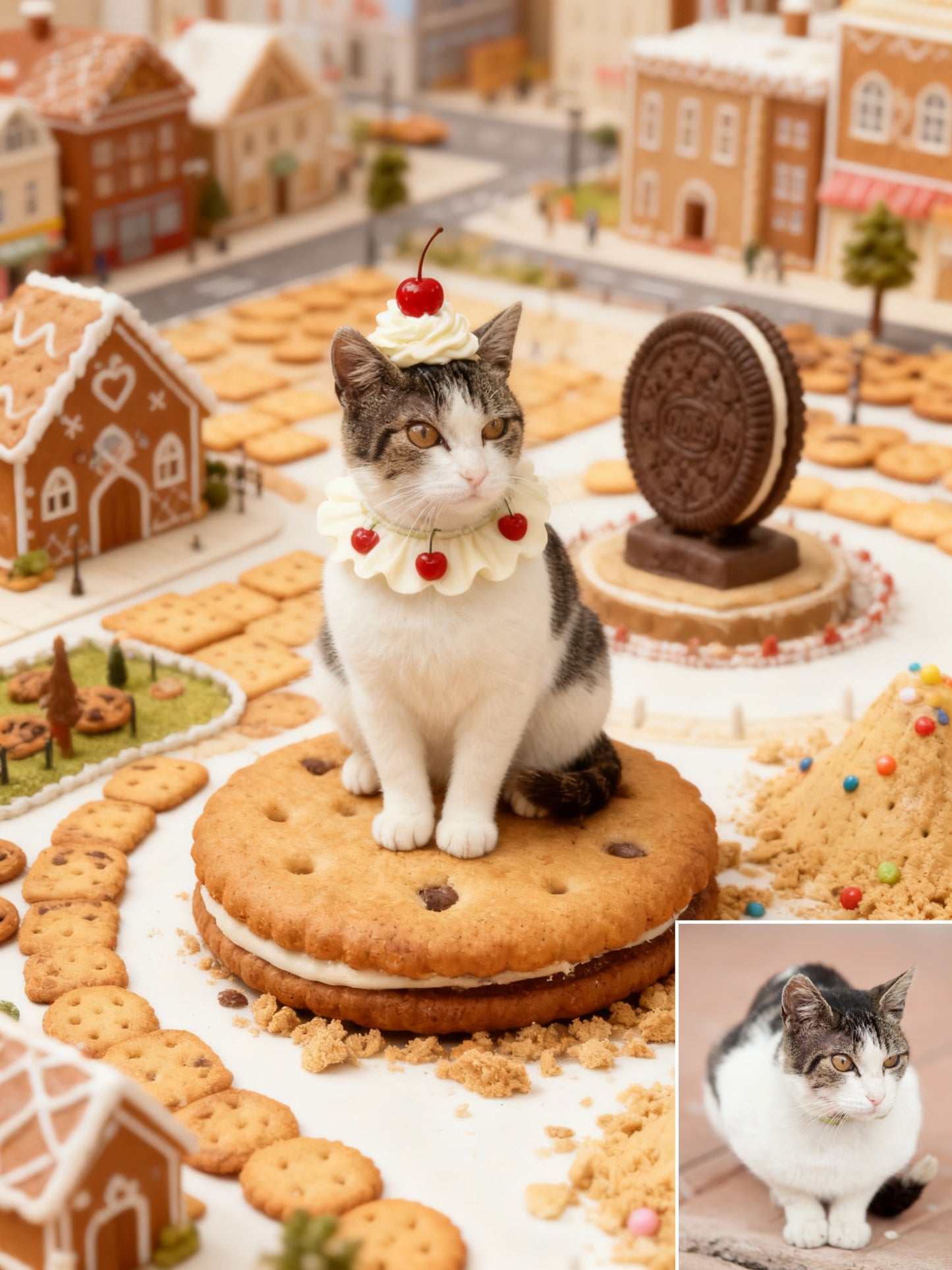 The Confectionery Kingdom Pet Portrait, Custom Pet Art in a Sweet Gingerbread City