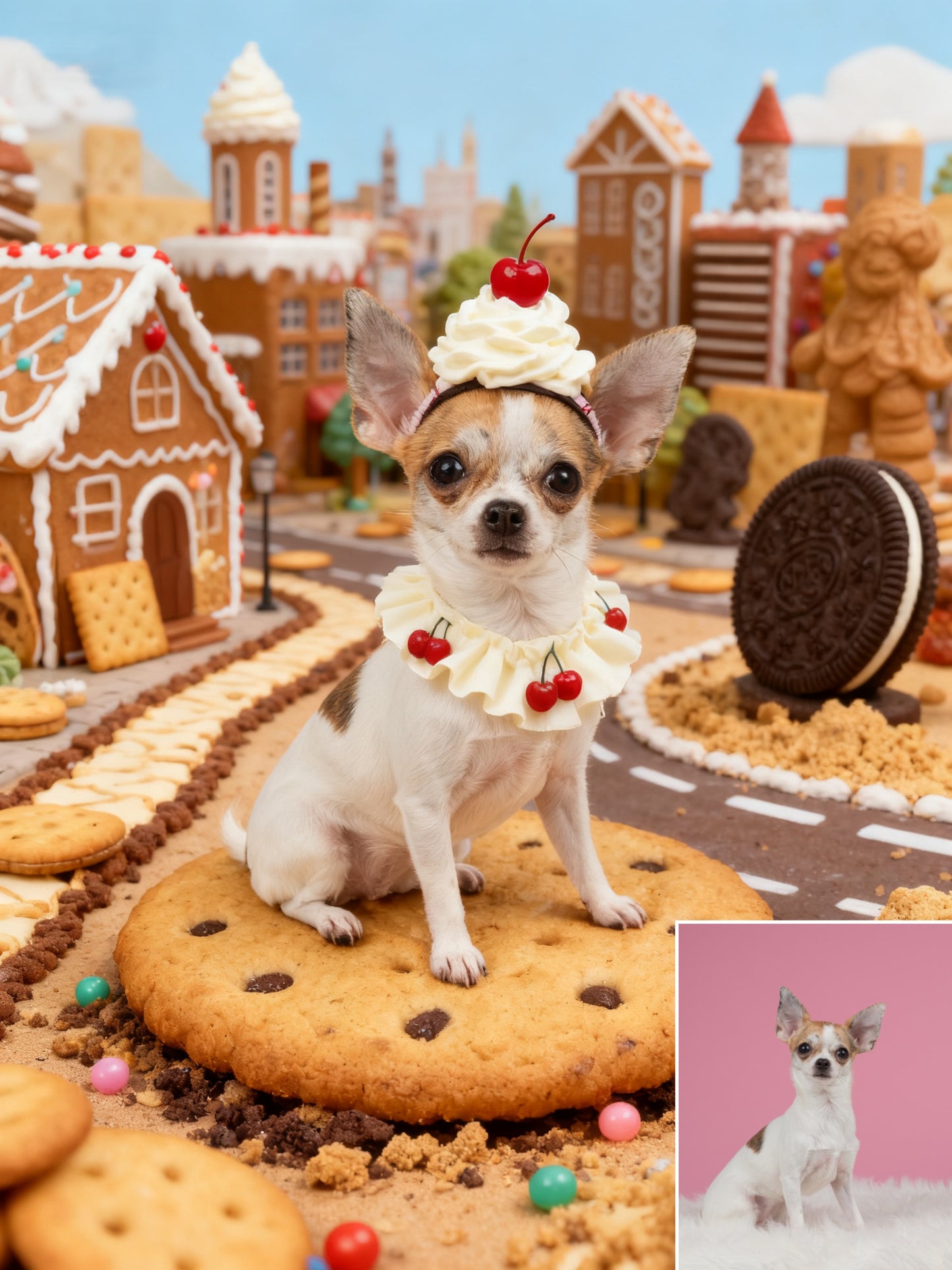 The Confectionery Kingdom Pet Portrait, Custom Pet Art in a Sweet Gingerbread City