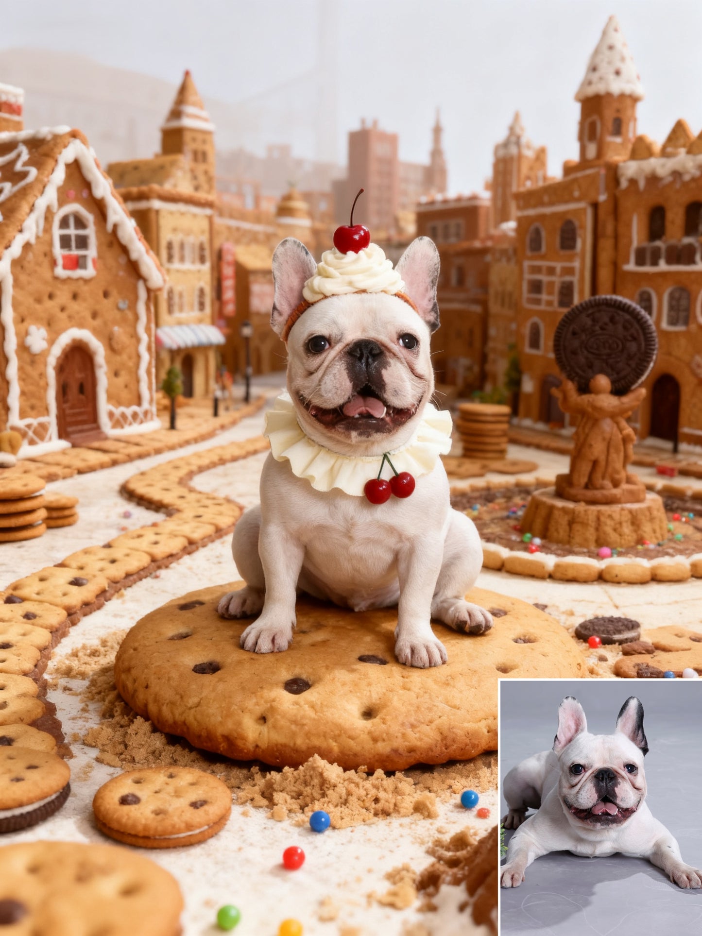 The Confectionery Kingdom Pet Portrait, Custom Pet Art in a Sweet Gingerbread City