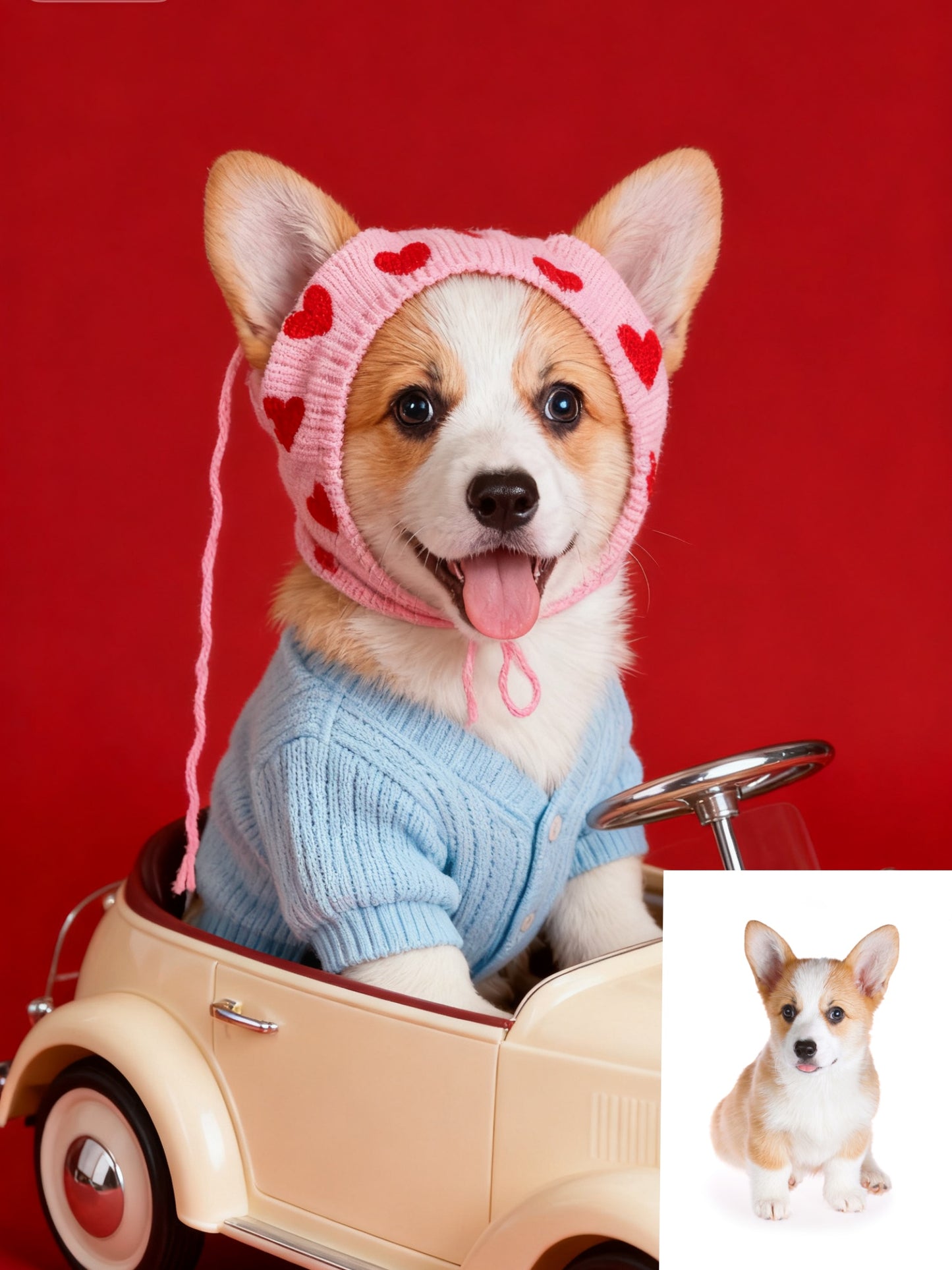 The Love Bug Custom Pet Portrait, Retro Pet in Car with Hearts & Sweater