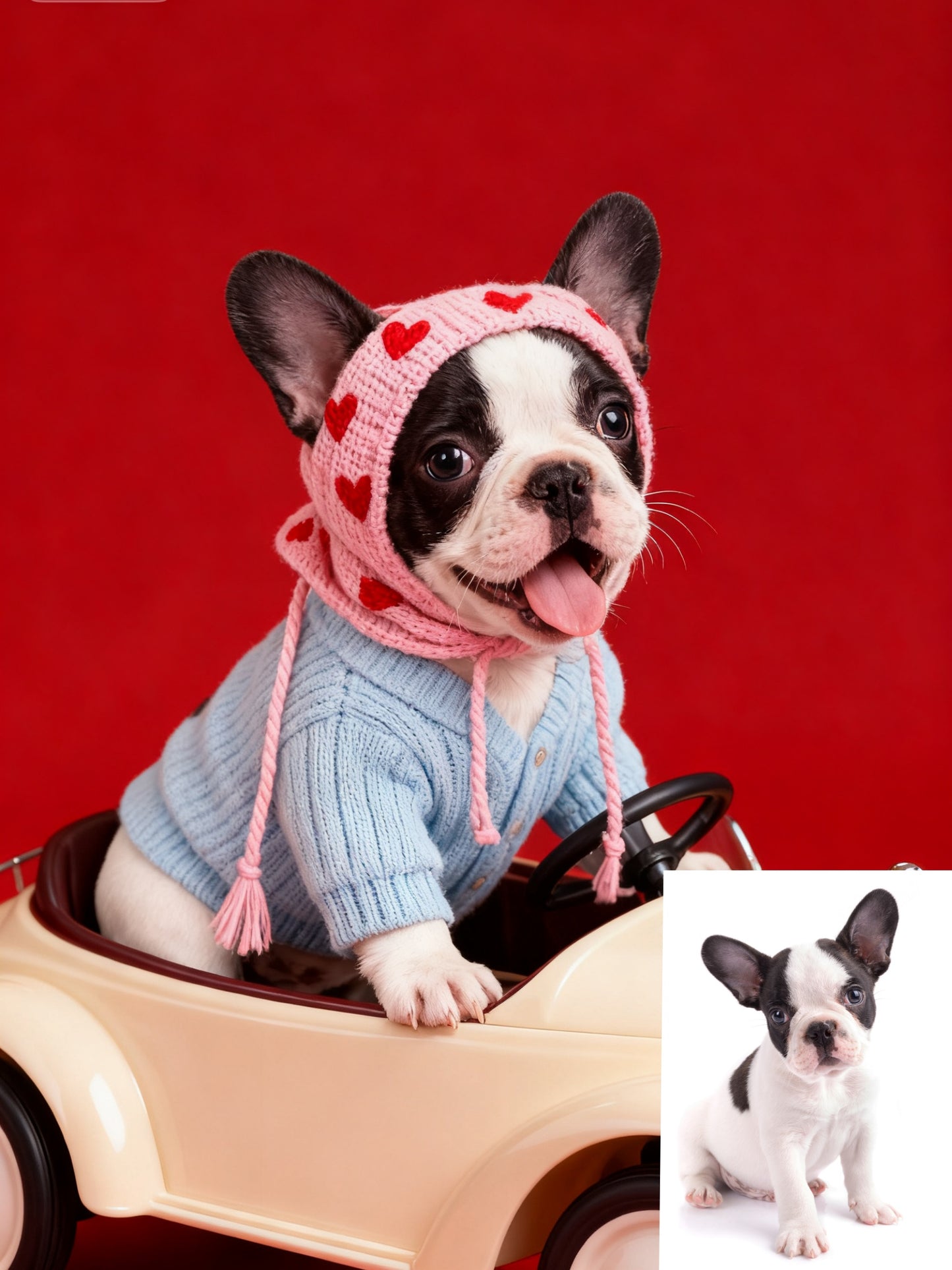 The Love Bug Custom Pet Portrait, Retro Pet in Car with Hearts & Sweater