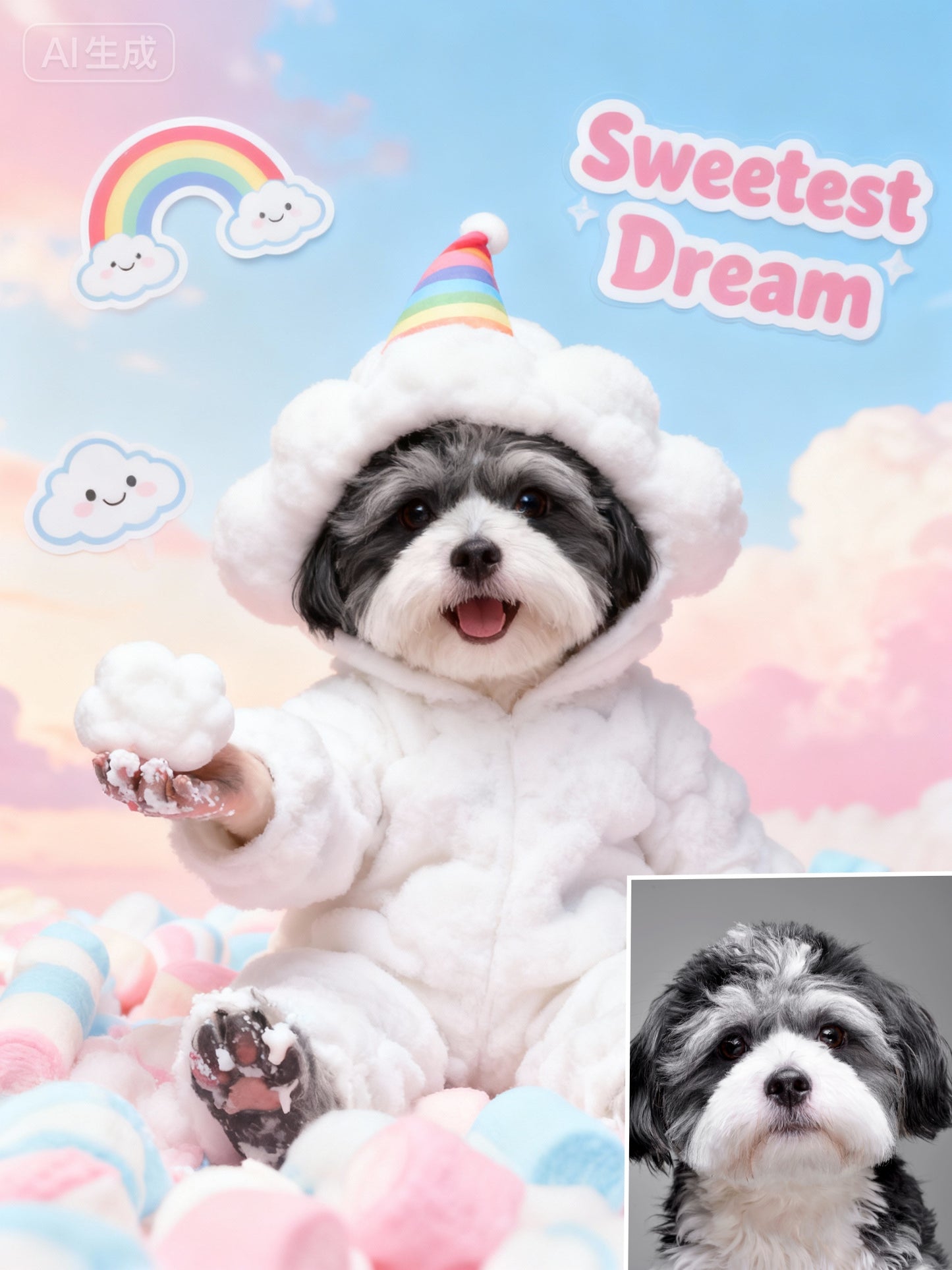 Sweetest Dream Pet Portrait, Custom Whimsical Art Gift