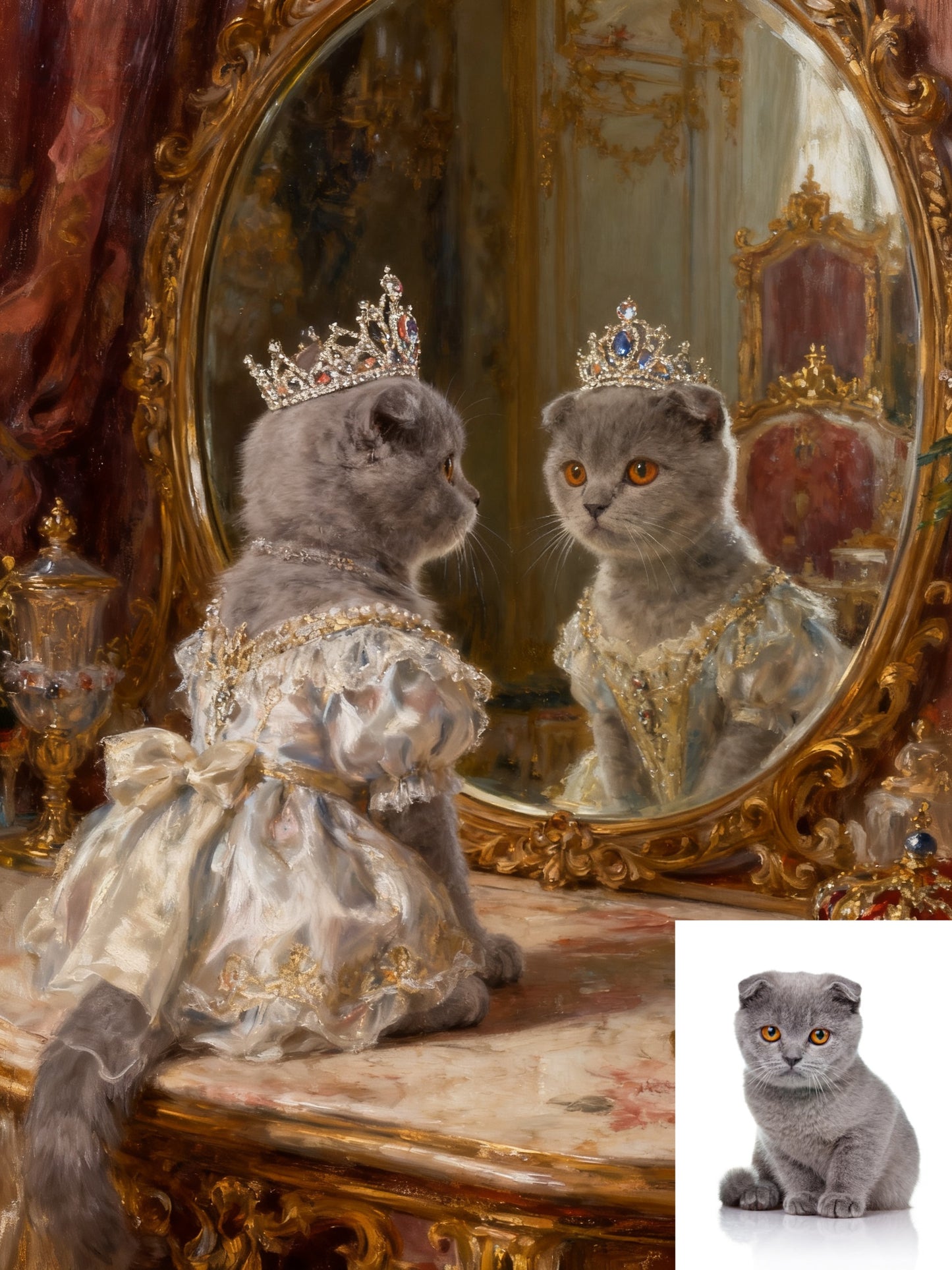 The Royal Dressing Table Pet Portrait, Custom Regal Oil Painting Style Art