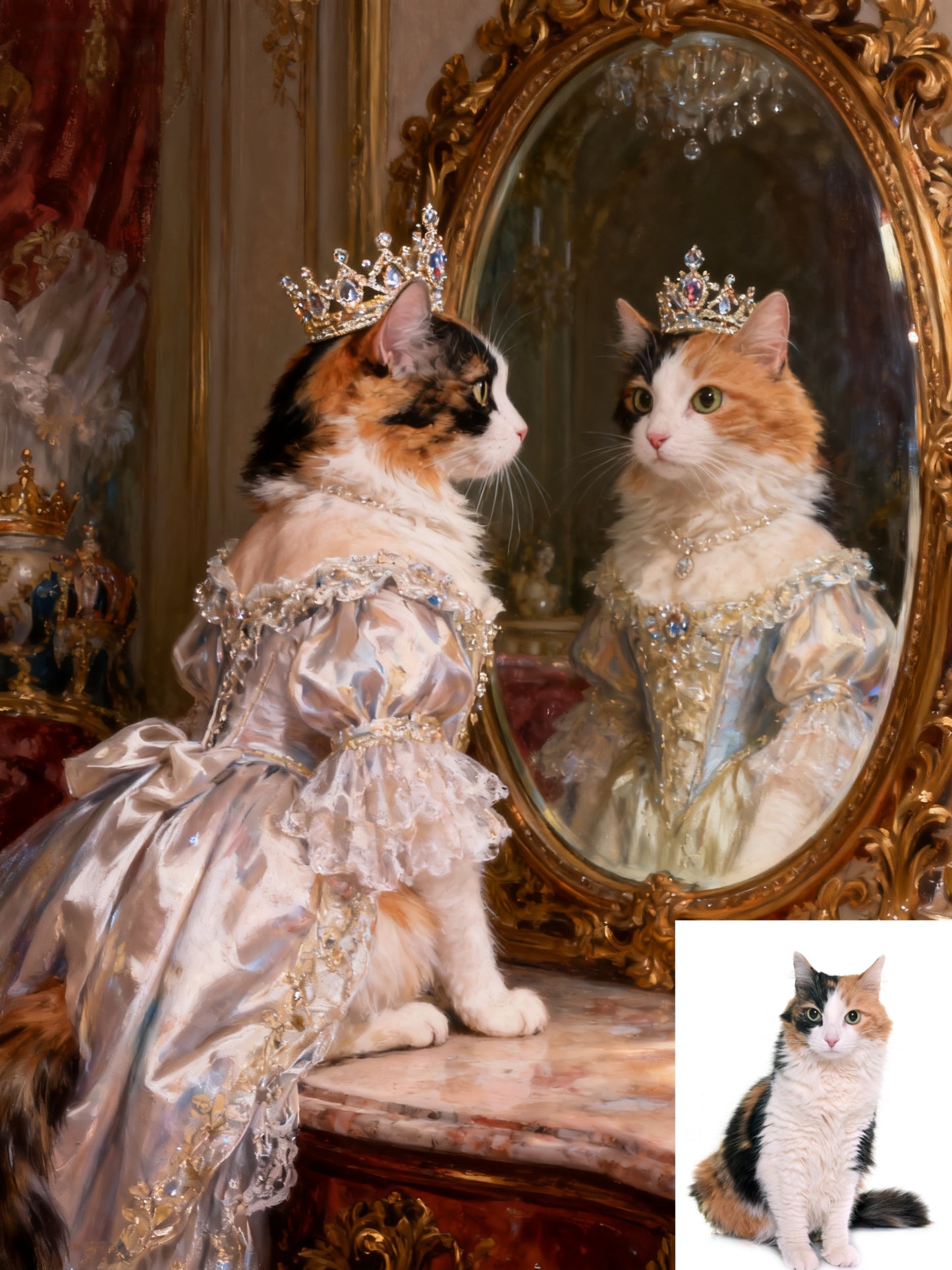 The Royal Dressing Table Pet Portrait, Custom Regal Oil Painting Style Art