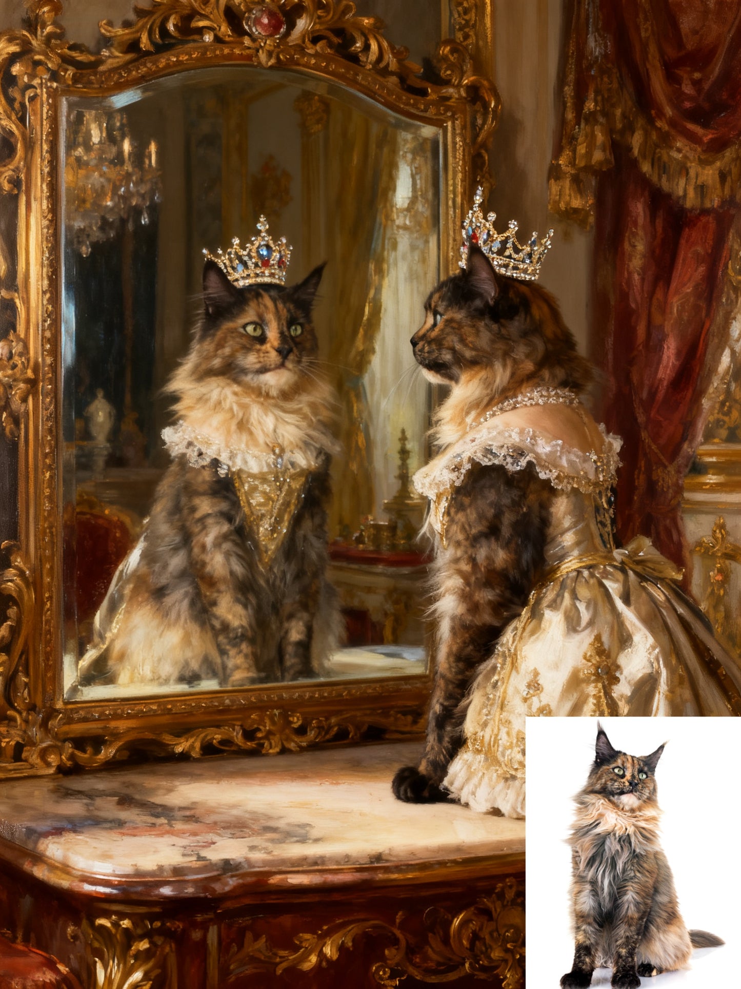 The Royal Dressing Table Pet Portrait, Custom Regal Oil Painting Style Art