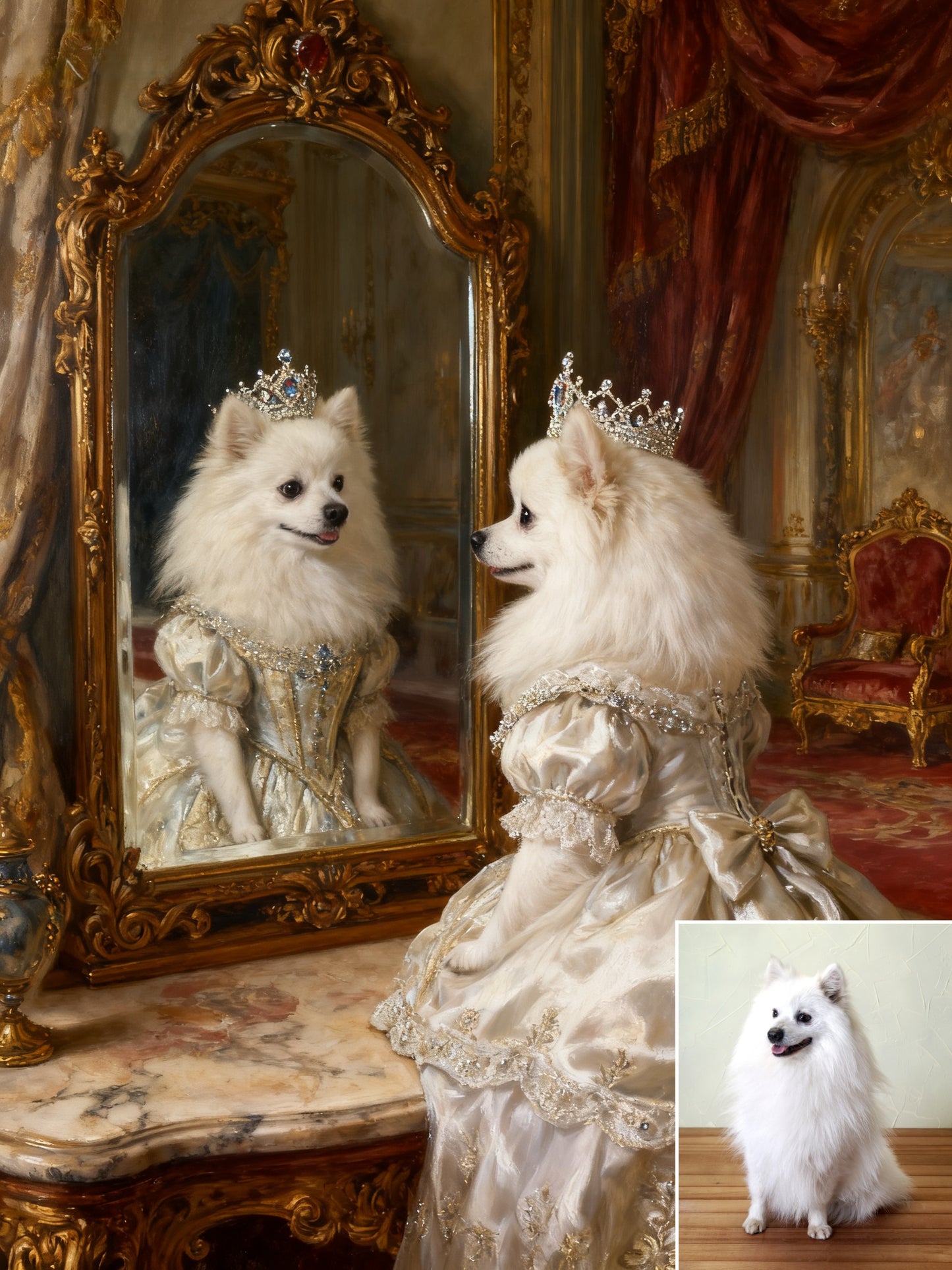 The Royal Dressing Table Pet Portrait, Custom Regal Oil Painting Style Art