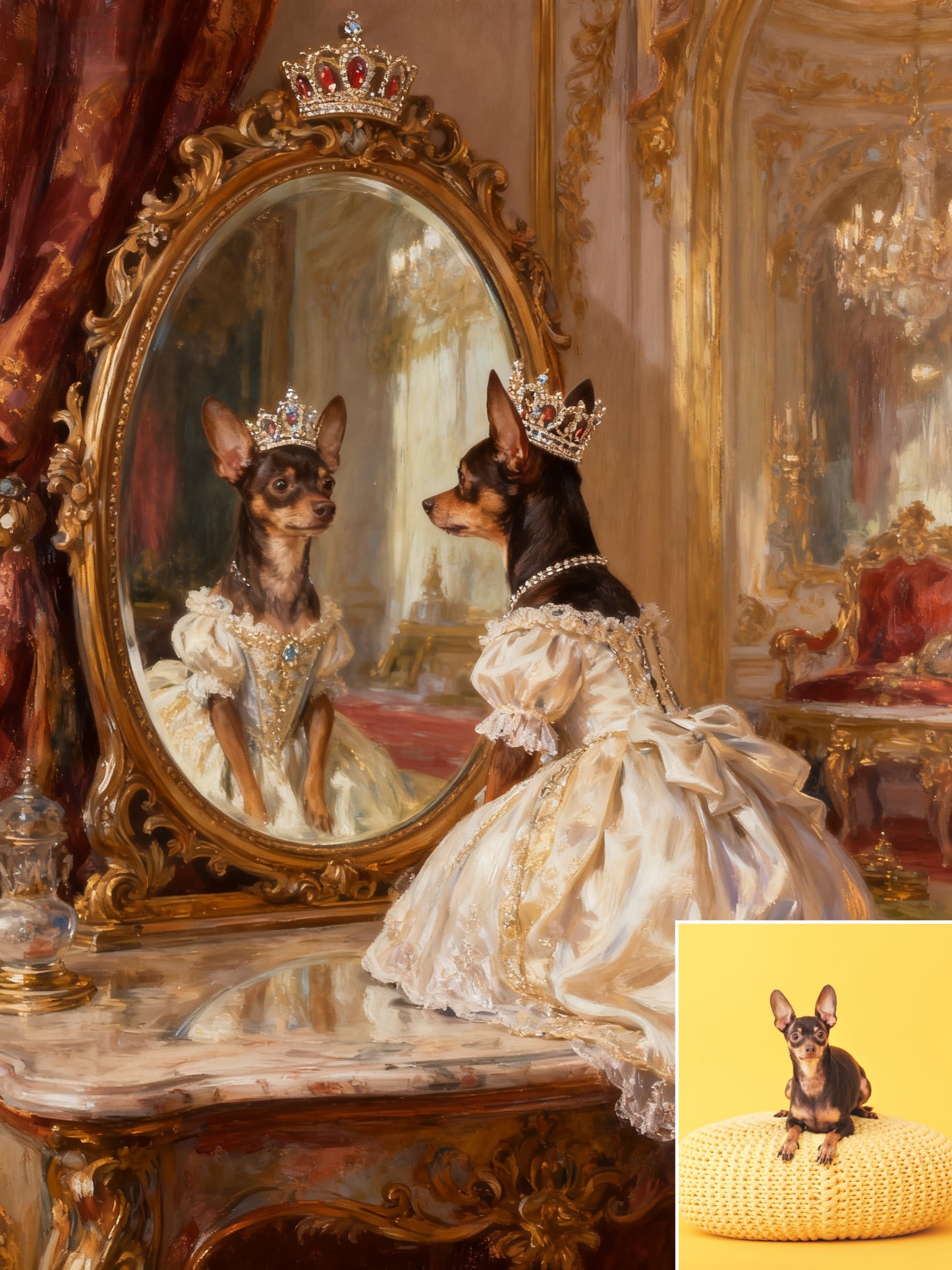 The Royal Dressing Table Pet Portrait, Custom Regal Oil Painting Style Art
