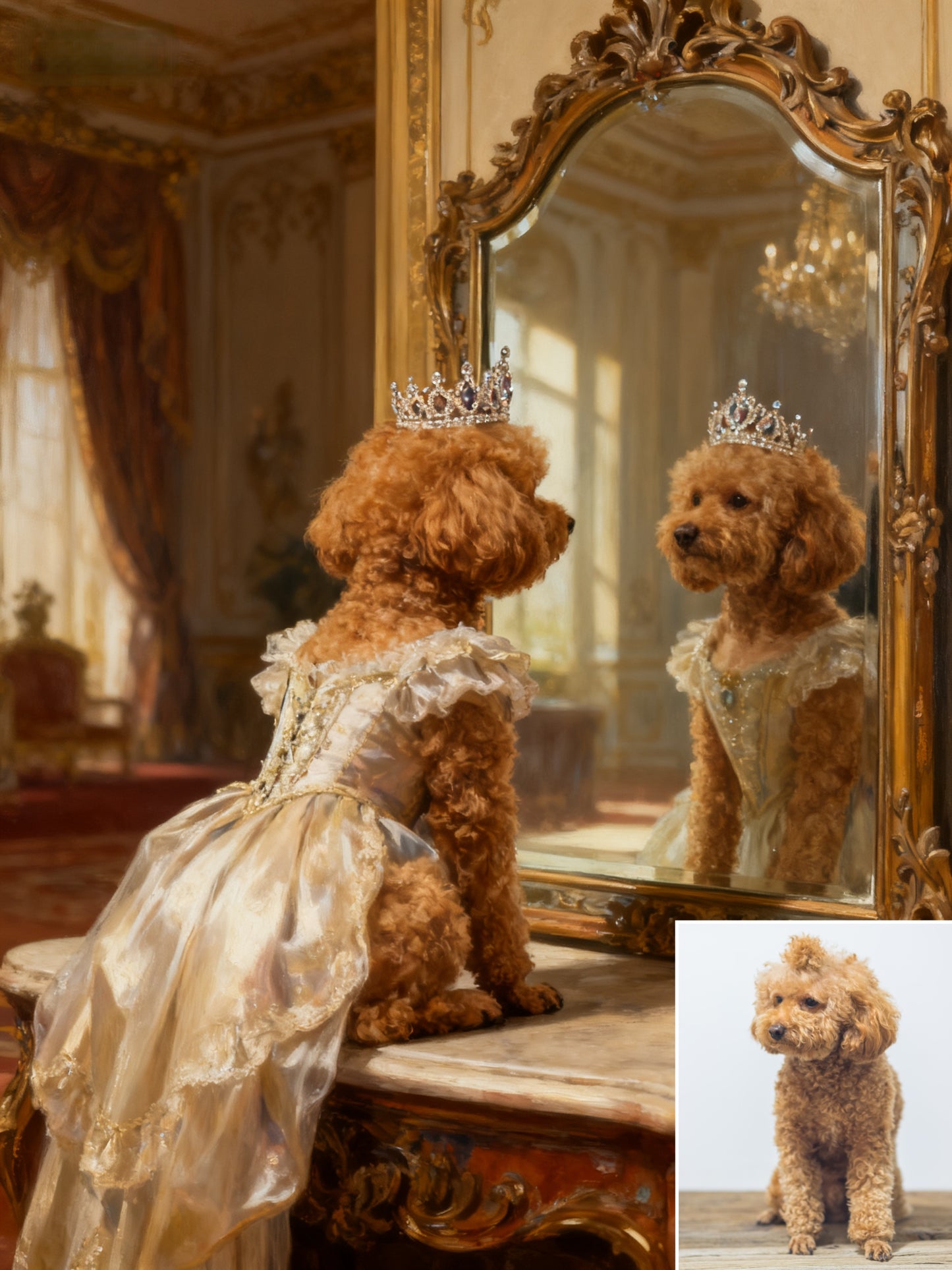 The Royal Dressing Table Pet Portrait, Custom Regal Oil Painting Style Art