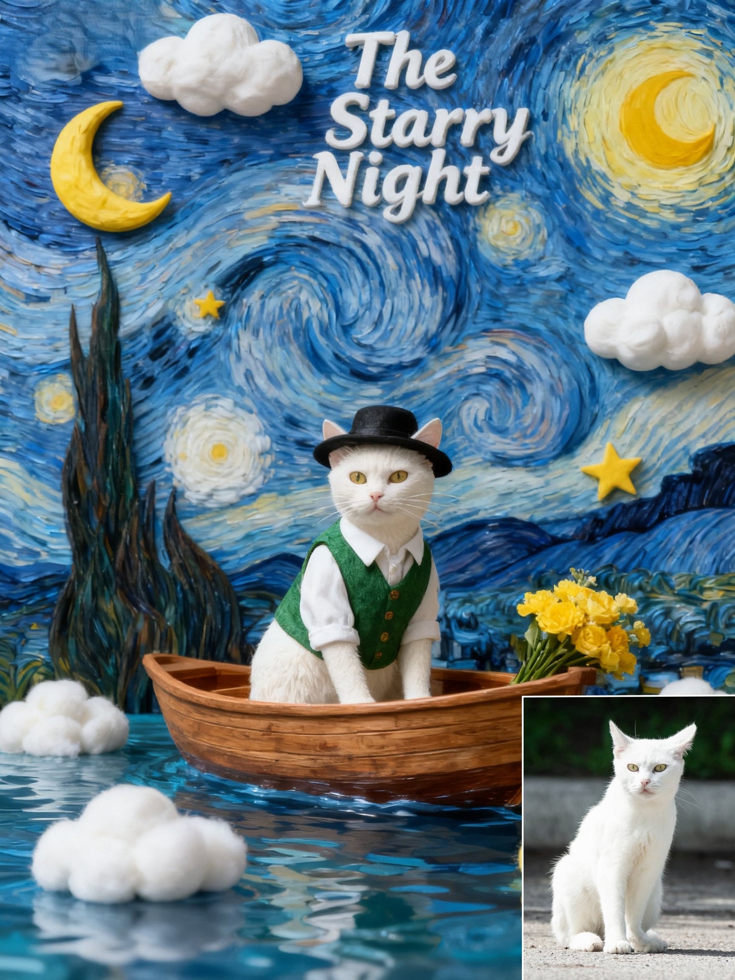 The Starry Voyager Custom Pet Portrait, Van Gogh Inspired Art & Gentleman's Boat Scene