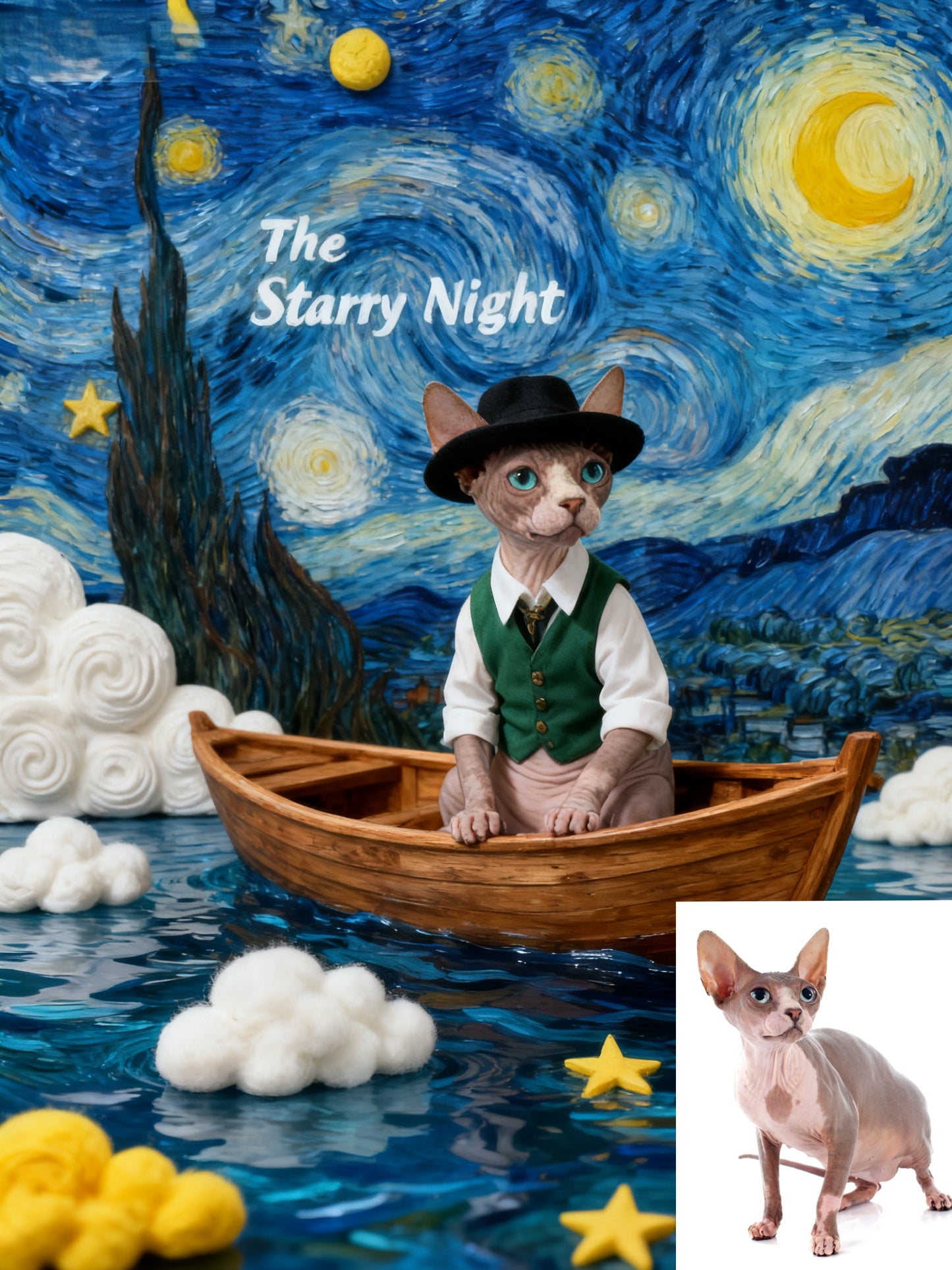 The Starry Voyager Custom Pet Portrait, Van Gogh Inspired Art & Gentleman's Boat Scene