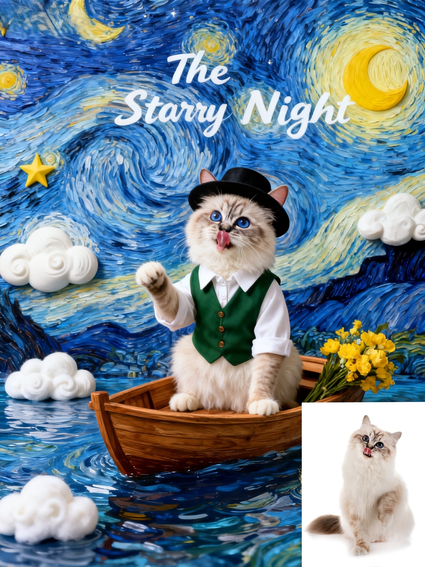 The Starry Voyager Custom Pet Portrait, Van Gogh Inspired Art & Gentleman's Boat Scene