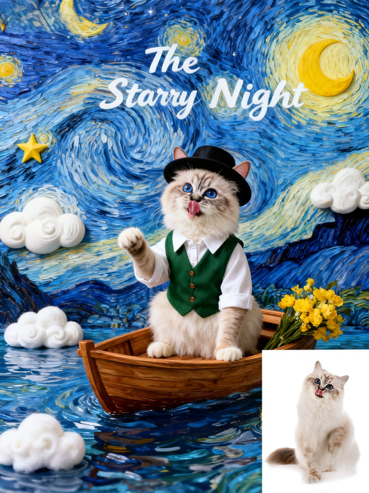 The Starry Voyager Custom Pet Portrait, Van Gogh Inspired Art & Gentleman's Boat Scene