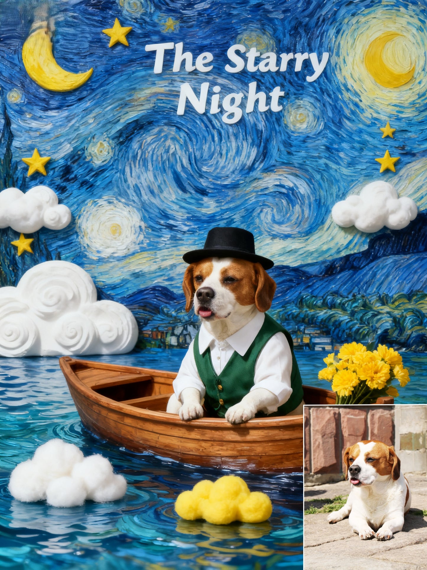 The Starry Voyager Custom Pet Portrait, Van Gogh Inspired Art & Gentleman's Boat Scene