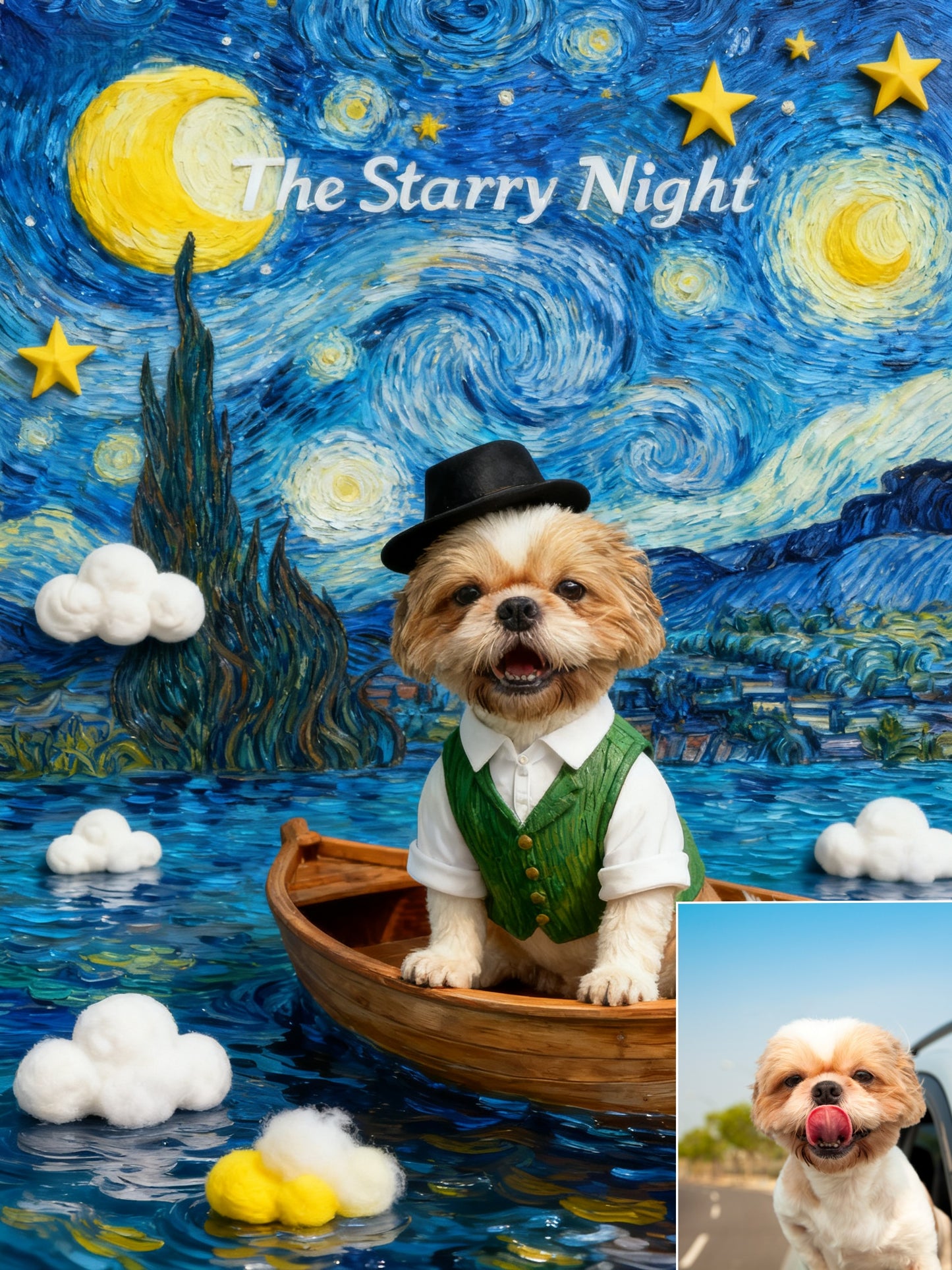 The Starry Voyager Custom Pet Portrait, Van Gogh Inspired Art & Gentleman's Boat Scene