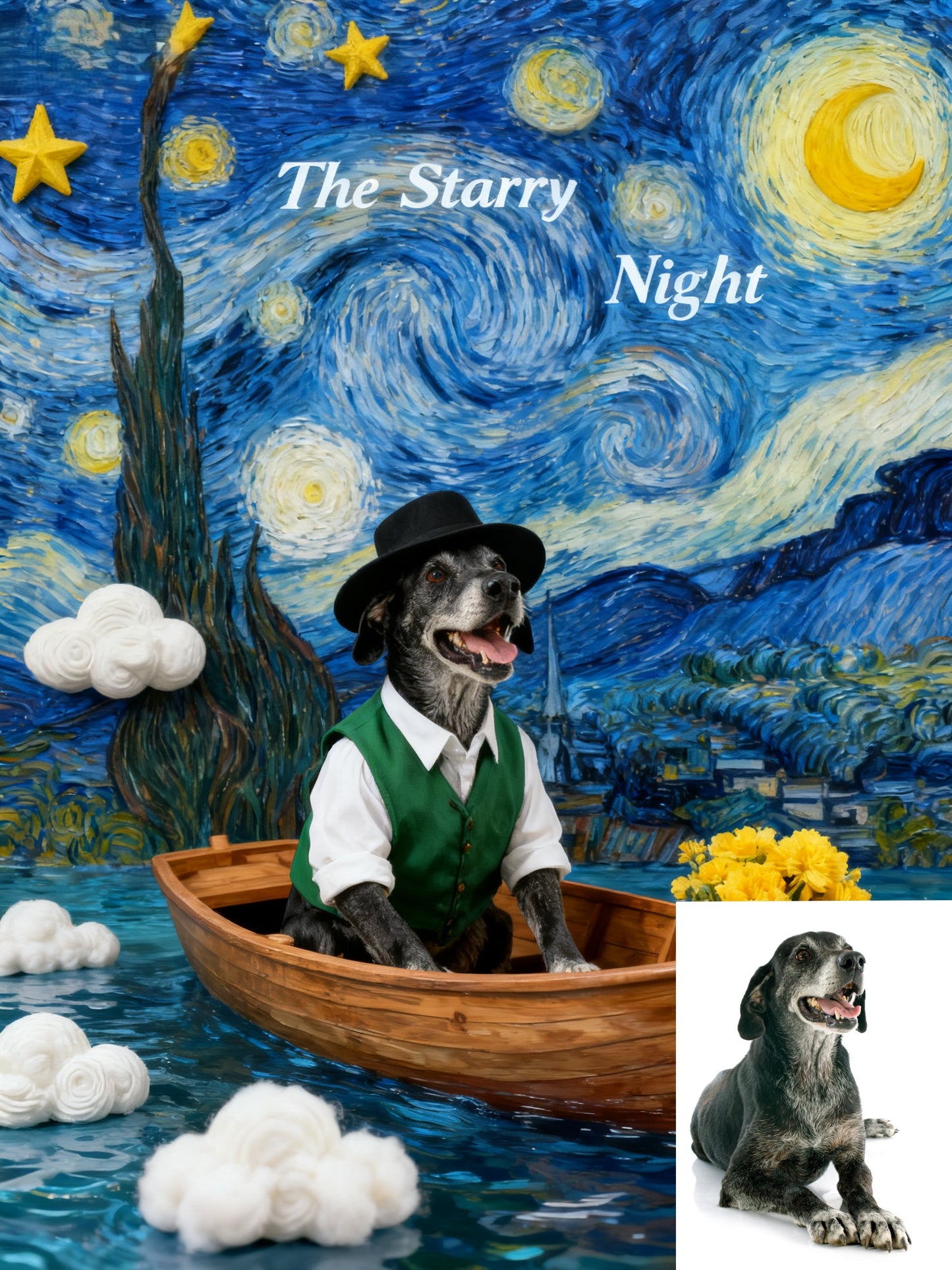 The Starry Voyager Custom Pet Portrait, Van Gogh Inspired Art & Gentleman's Boat Scene
