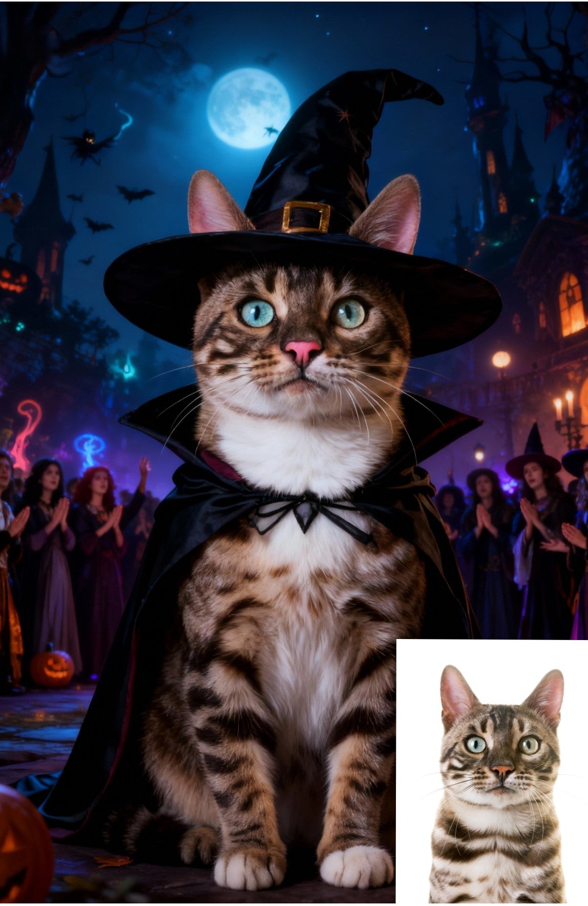 Enchanted Halloween Pet Portrait, Custom Witch & Wizard Art Gift