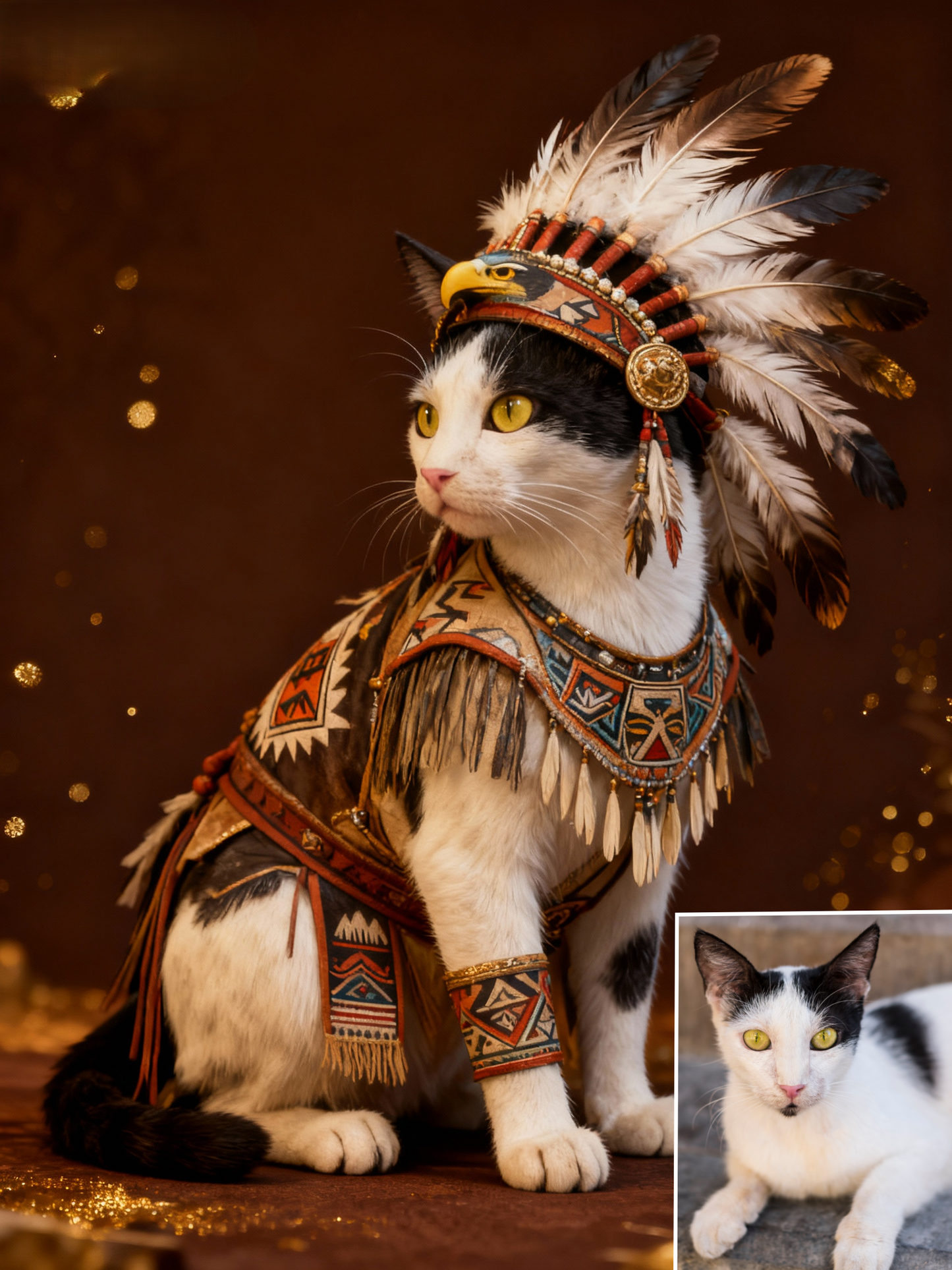 The Spirit Guardian Custom Pet Portrait, Noble Feathered Attire & Ceremonial Regalia Art