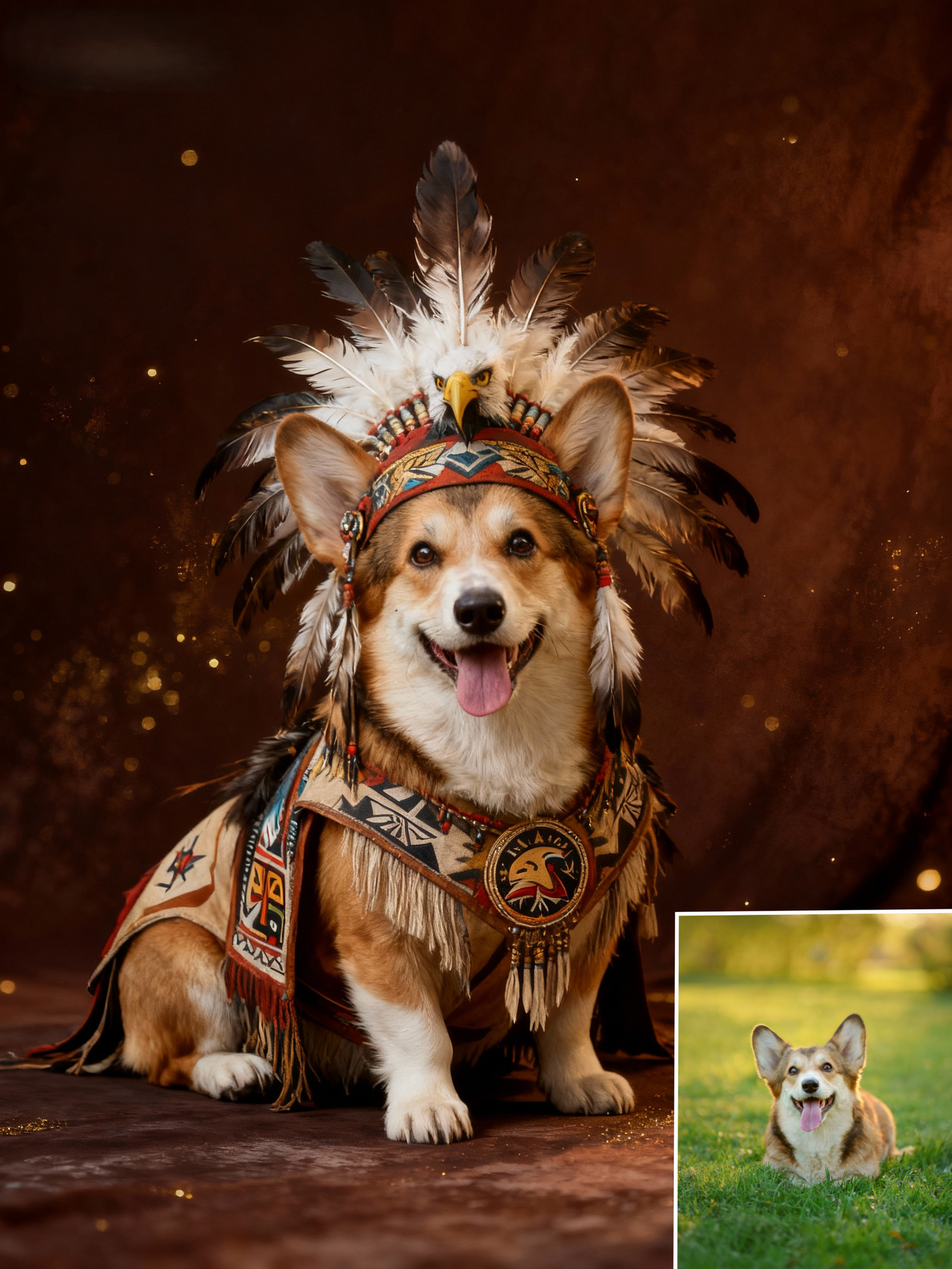 The Spirit Guardian Custom Pet Portrait, Noble Feathered Attire & Ceremonial Regalia Art