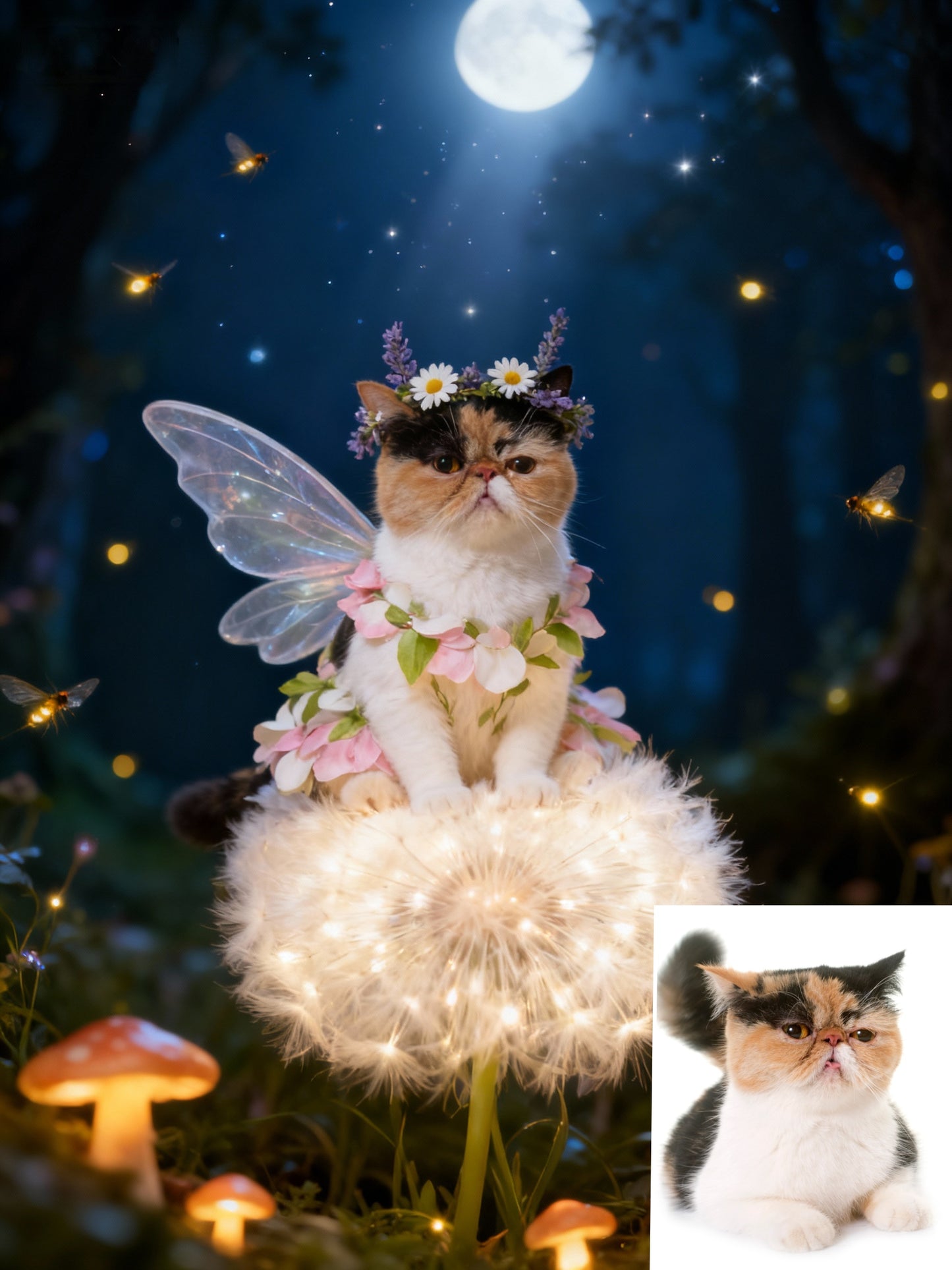 Moonlight Fairy Pet Portrait, Custom Mystical Art Gift