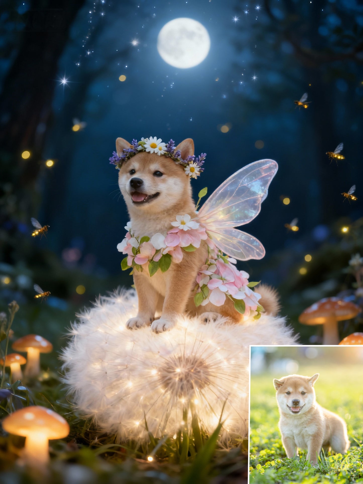 Moonlight Fairy Pet Portrait, Custom Mystical Art Gift