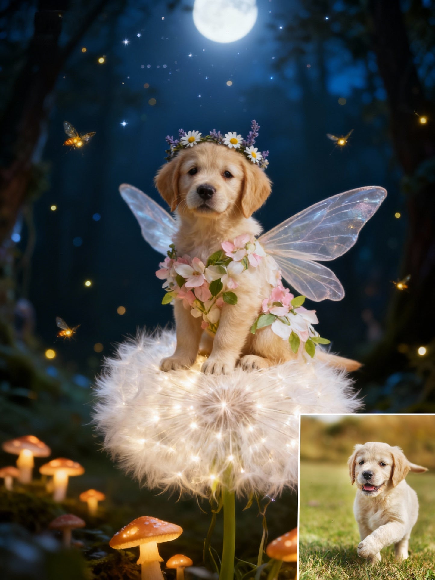 Moonlight Fairy Pet Portrait, Custom Mystical Art Gift
