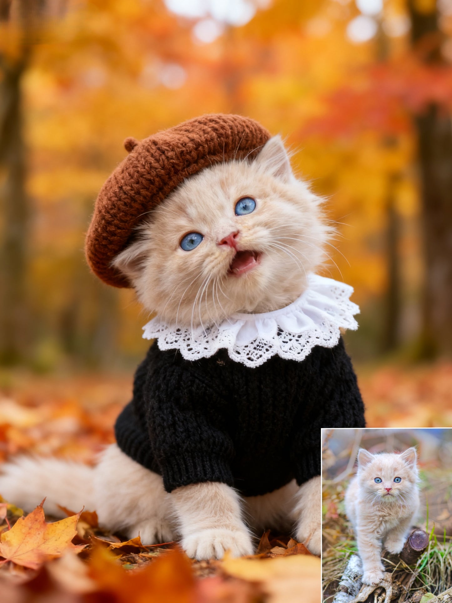 The Maple Artist Custom Pet Portrait, Autumn Beret & Ruffle Collar Fall Foliage Art