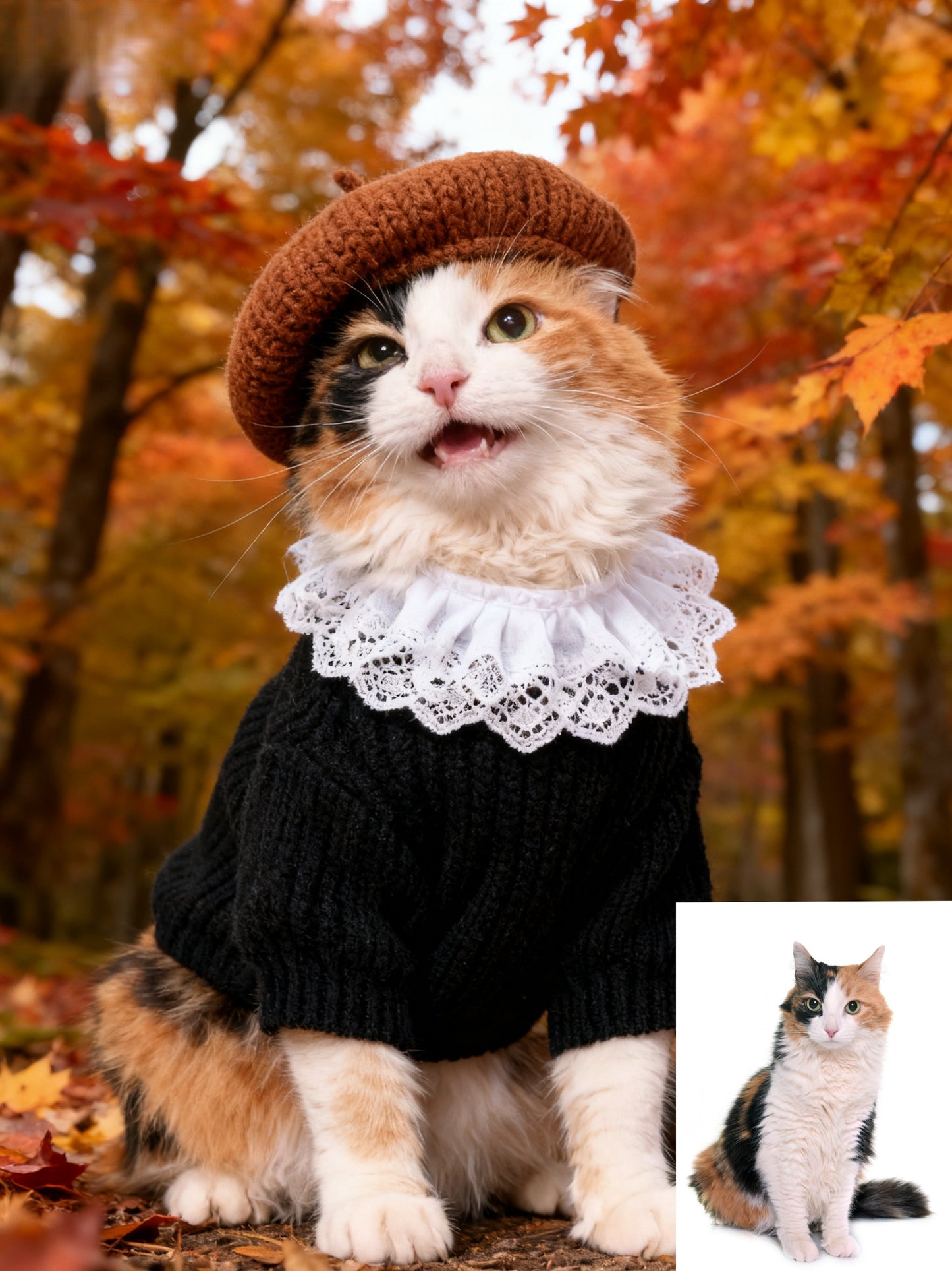 The Maple Artist Custom Pet Portrait, Autumn Beret & Ruffle Collar Fall Foliage Art