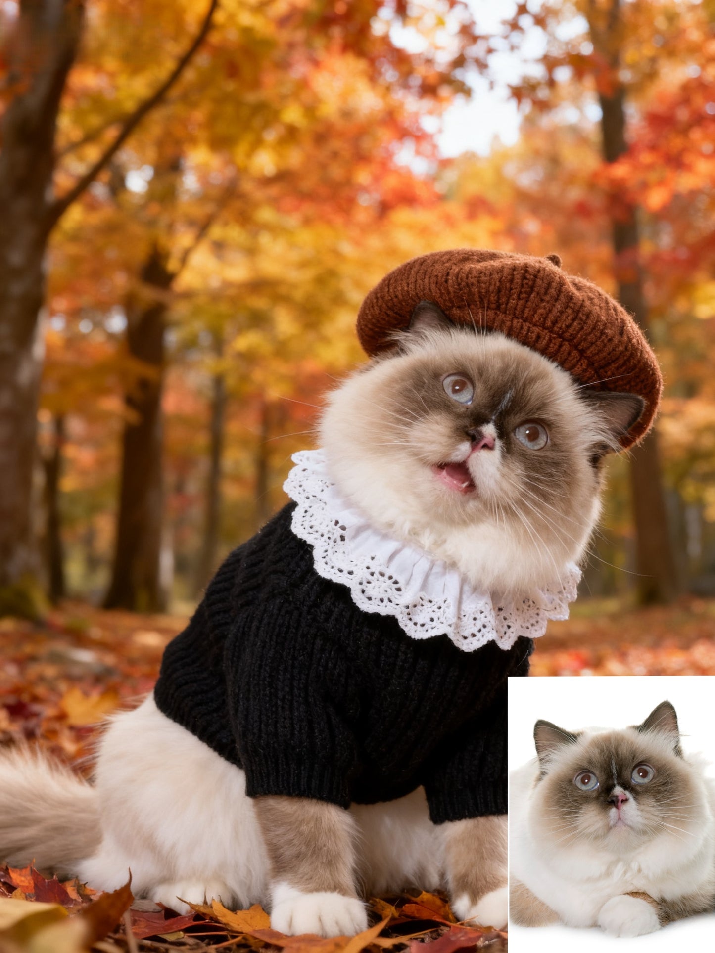 The Maple Artist Custom Pet Portrait, Autumn Beret & Ruffle Collar Fall Foliage Art