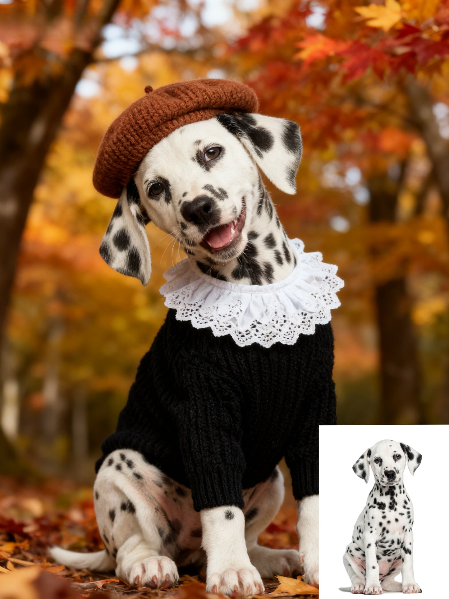 The Maple Artist Custom Pet Portrait, Autumn Beret & Ruffle Collar Fall Foliage Art