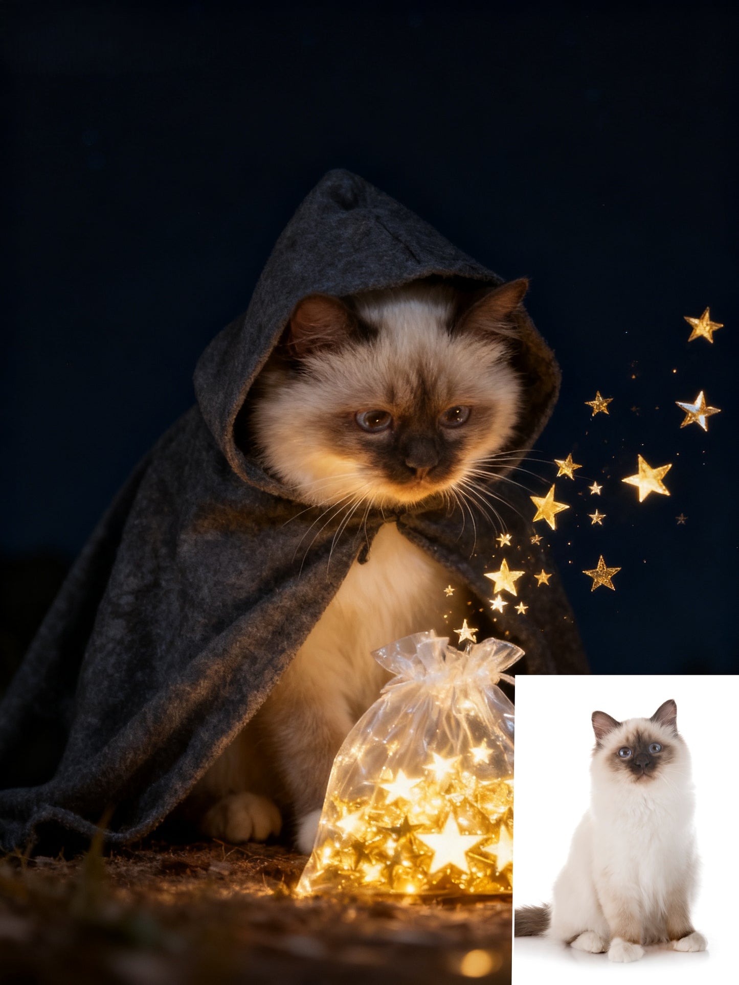 The Stardust Mage Custom Pet Portrait | Magical Pet in Cloak Collecting Stars | Whimsical Fantasy Art