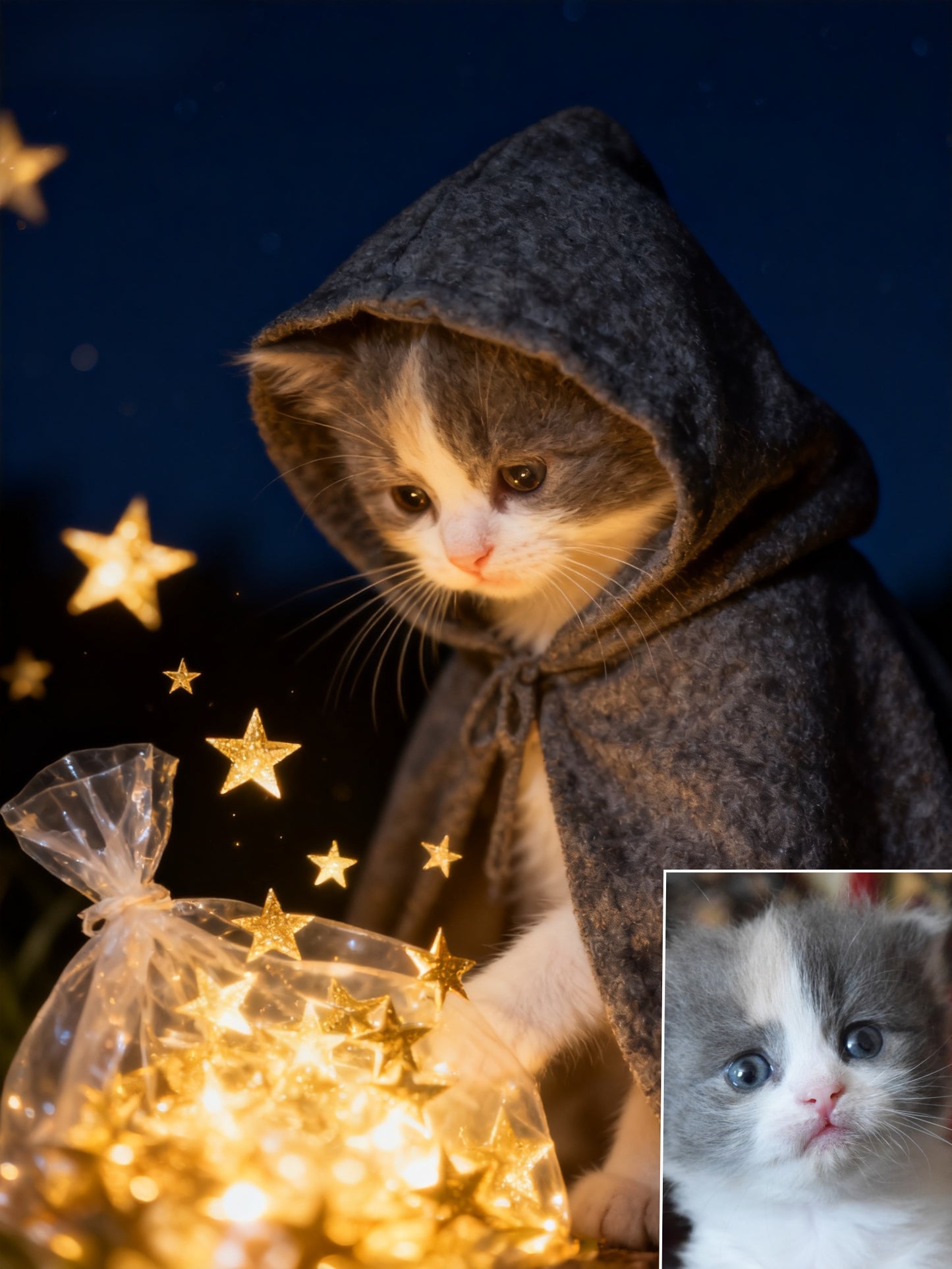 The Stardust Mage Custom Pet Portrait | Magical Pet in Cloak Collecting Stars | Whimsical Fantasy Art