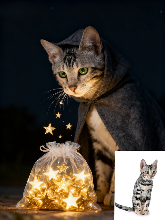 The Stardust Mage Custom Pet Portrait | Magical Pet in Cloak Collecting Stars | Whimsical Fantasy Art