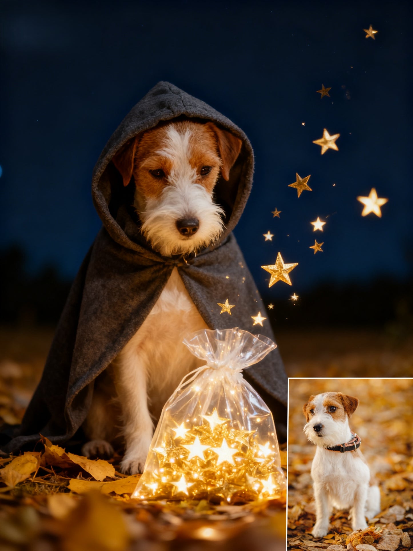 The Stardust Mage Custom Pet Portrait | Magical Pet in Cloak Collecting Stars | Whimsical Fantasy Art