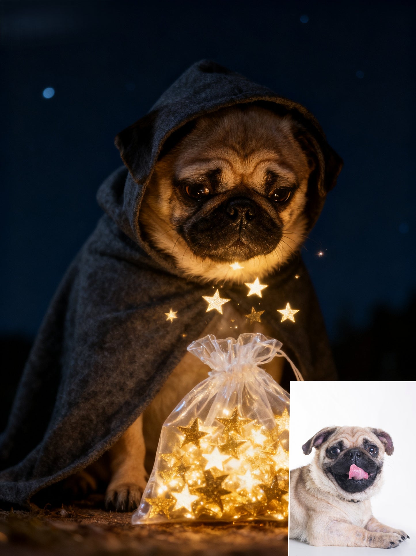 The Stardust Mage Custom Pet Portrait | Magical Pet in Cloak Collecting Stars | Whimsical Fantasy Art