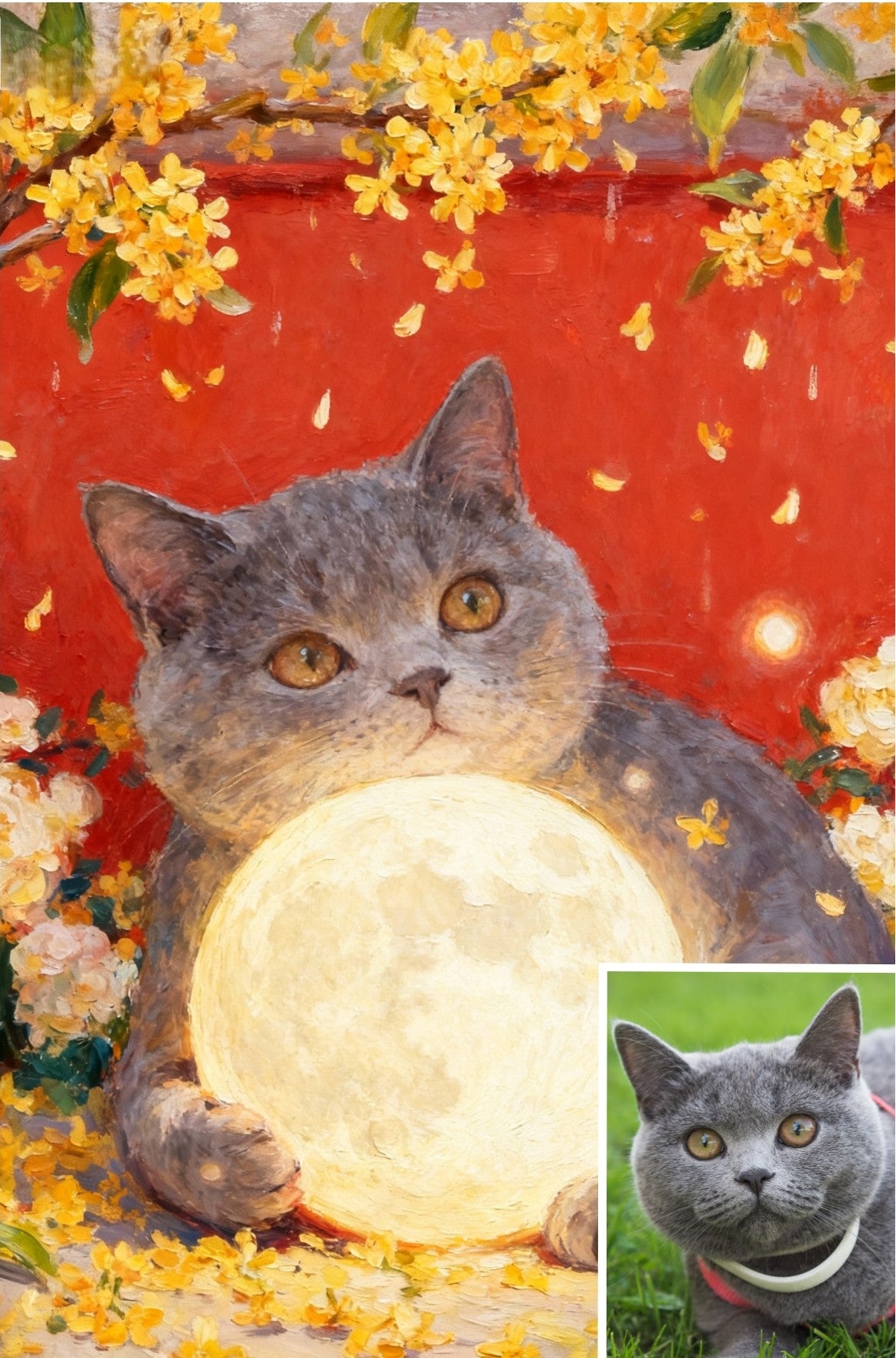 Custom Pet Portrait, Moonlit Osmanthus Bloom, Ethereal Art Gift