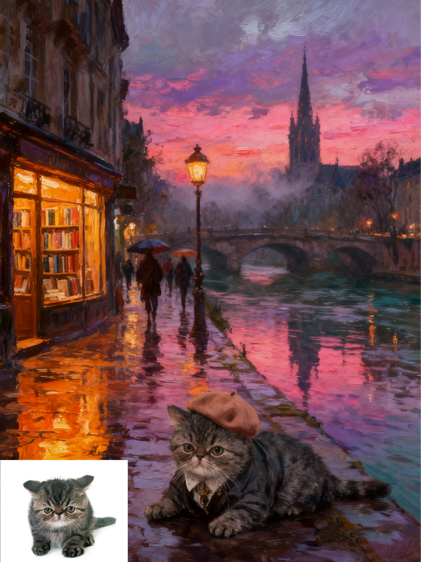 A Parisian Stroll Pet Portrait, Custom Romantic Art Gift
