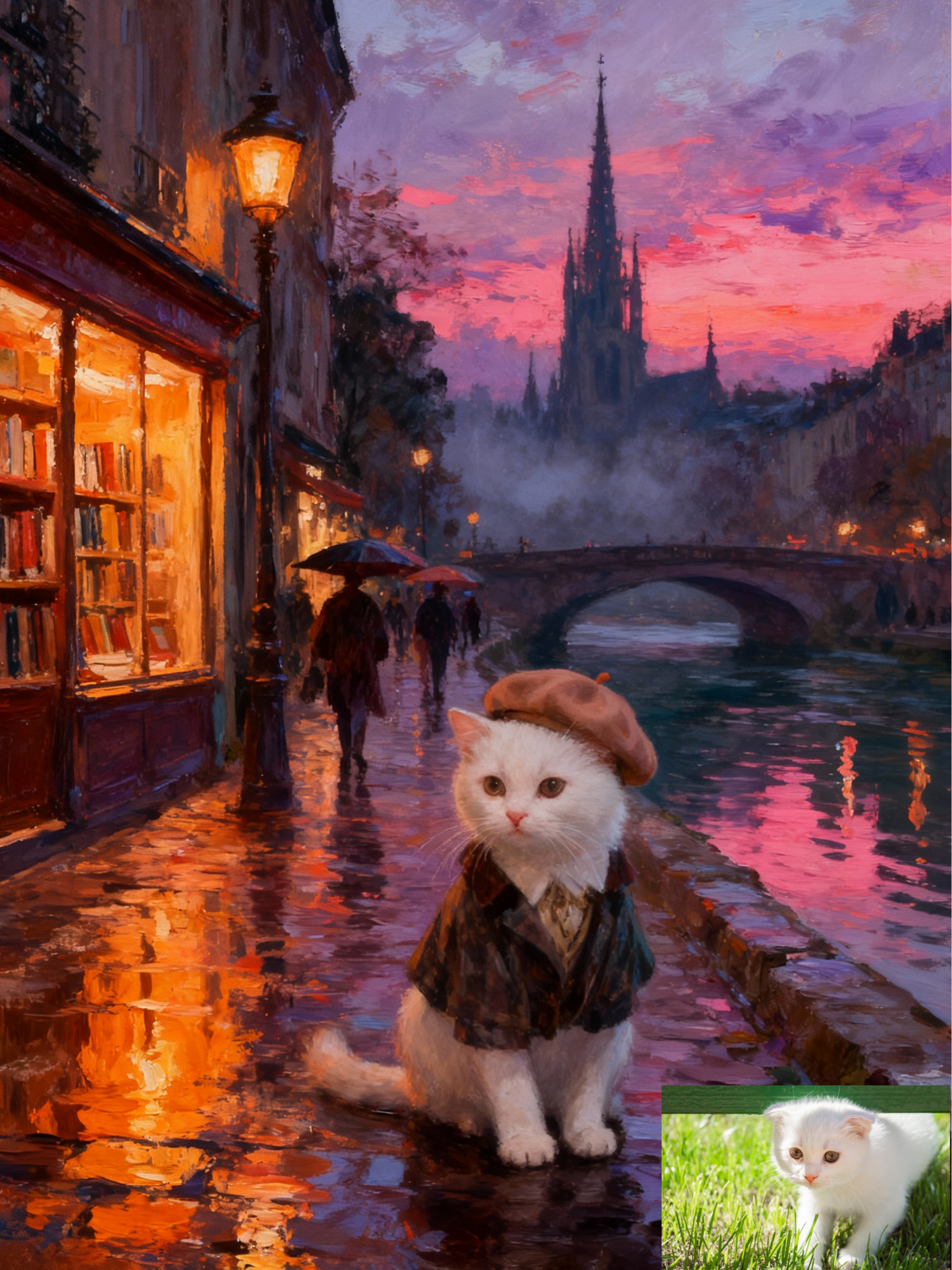 A Parisian Stroll Pet Portrait, Custom Romantic Art Gift