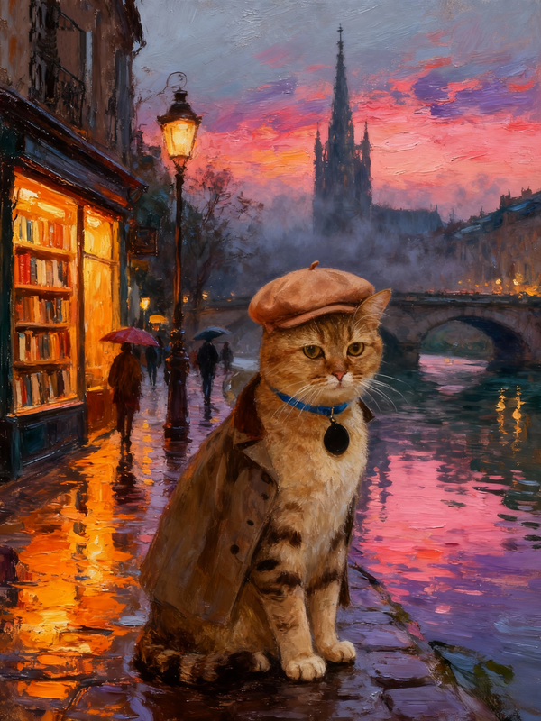 A Parisian Stroll Pet Portrait, Custom Romantic Art Gift