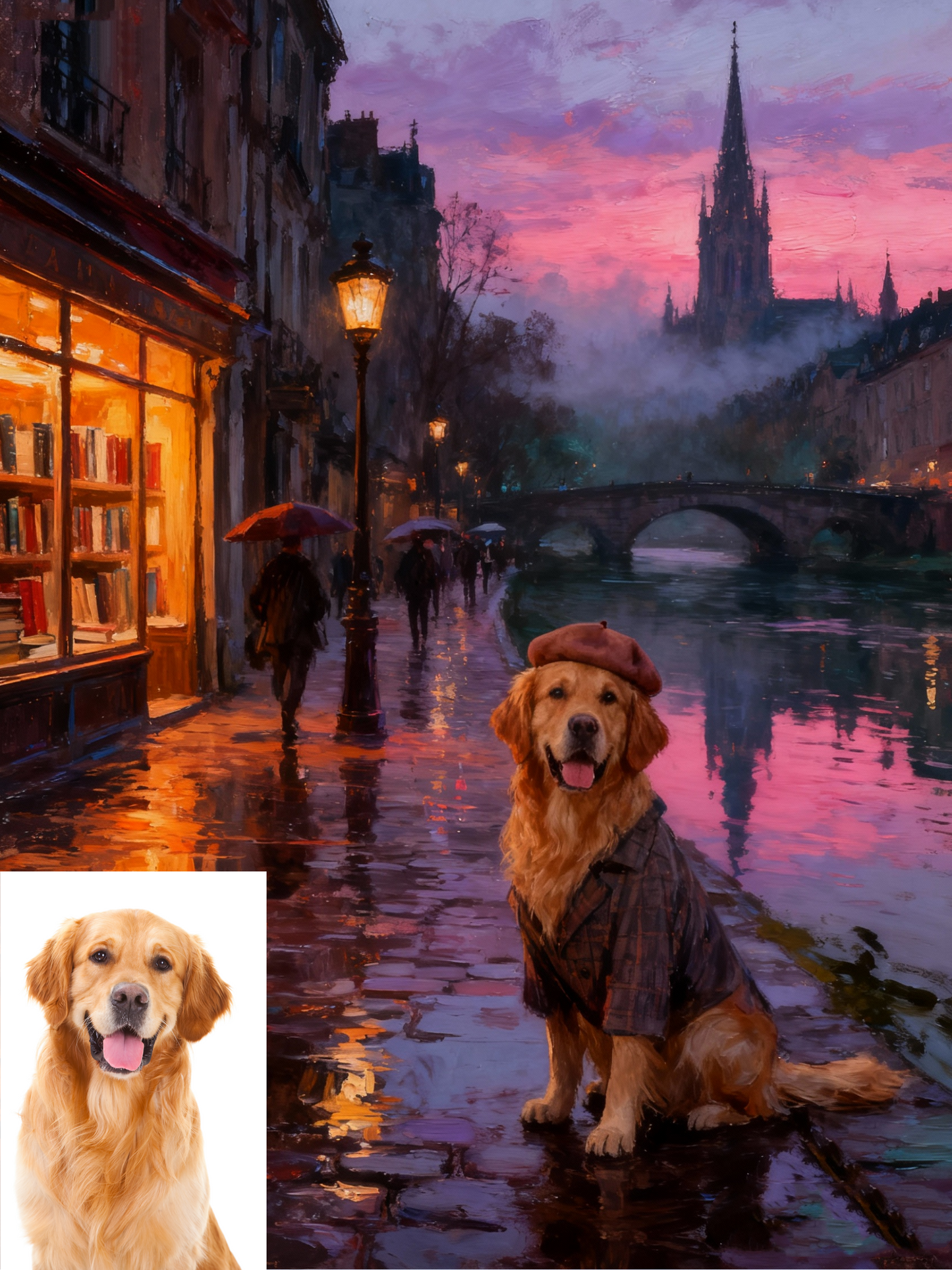 A Parisian Stroll Pet Portrait, Custom Romantic Art Gift