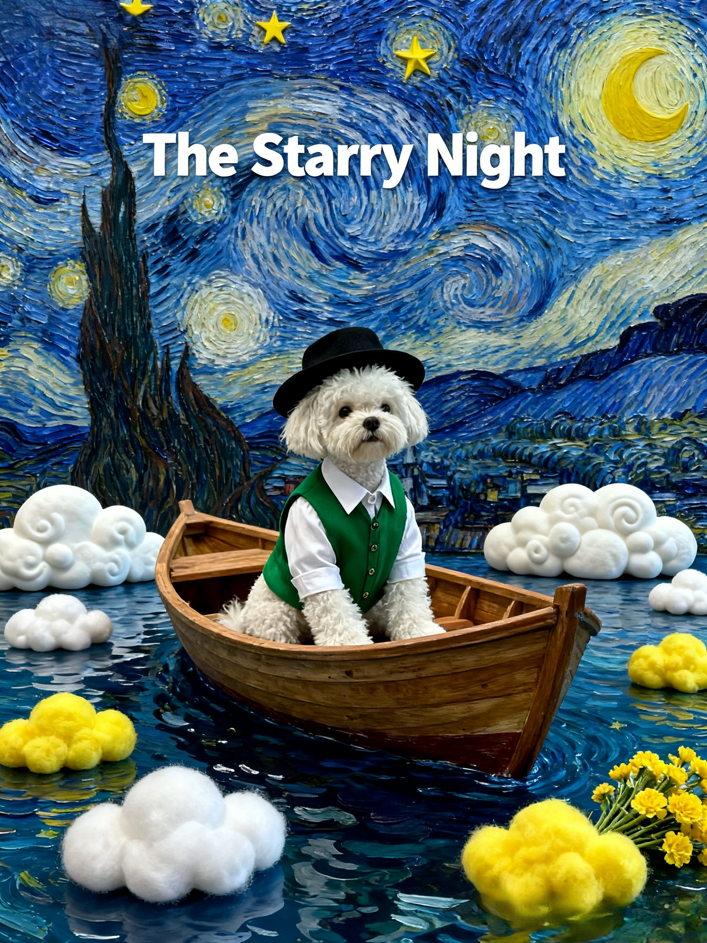 The Starry Voyager Custom Pet Portrait, Van Gogh Inspired Art & Gentleman's Boat Scene