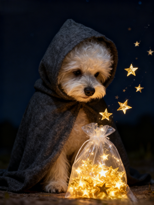 The Stardust Mage Custom Pet Portrait | Magical Pet in Cloak Collecting Stars | Whimsical Fantasy Art