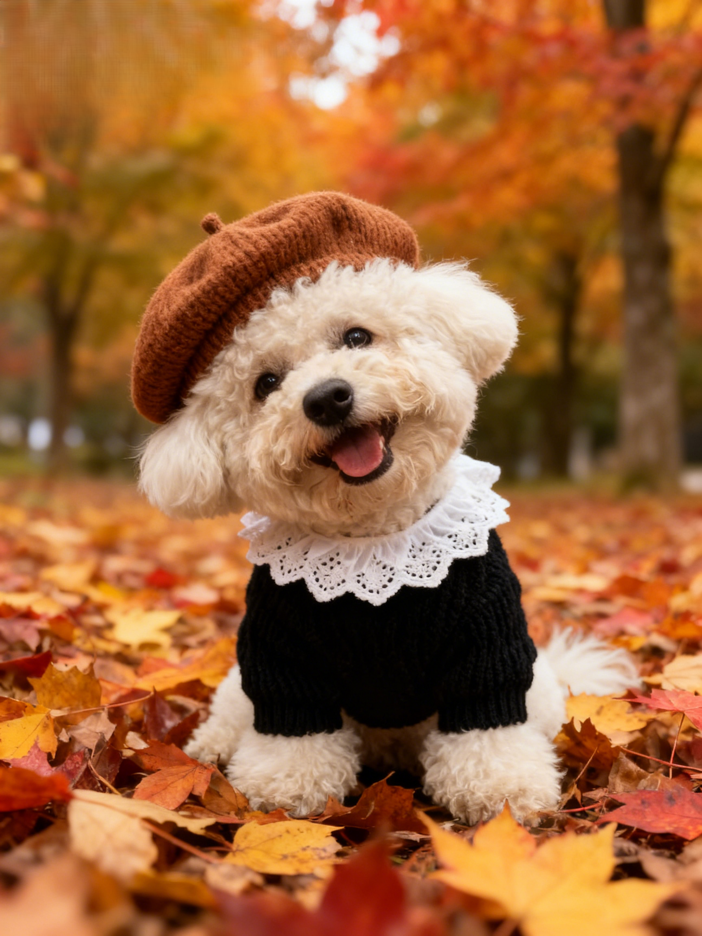 The Maple Artist Custom Pet Portrait, Autumn Beret & Ruffle Collar Fall Foliage Art