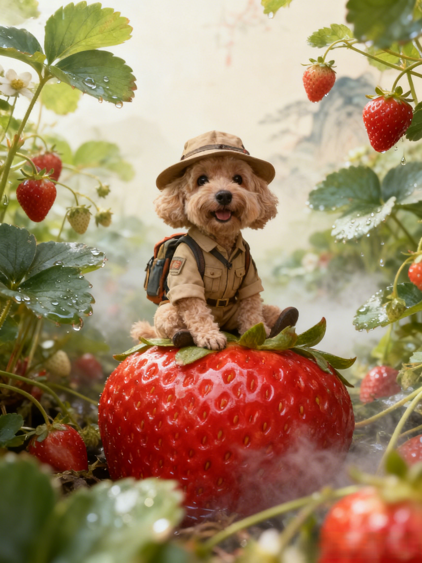 The Strawberry Safari Pet Portrait | Custom Miniature Explorer Art | Whimsical Macro Garden Canvas