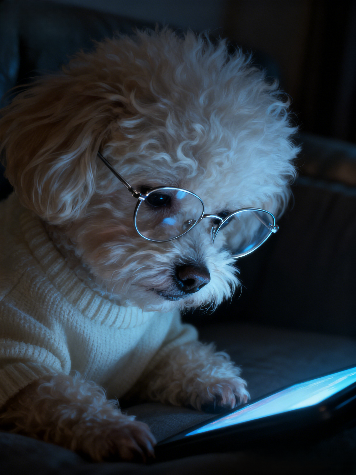 The Digital Scholar Custom Pet Portrait, Intellectual Pet with Glasses & Screen Glow