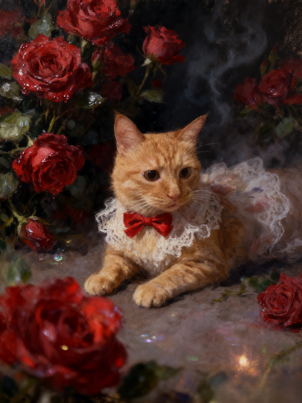 The Rose Noble Pet Portrait | Custom Classical Oil Painting Style | Lace Collar & Crimson Roses