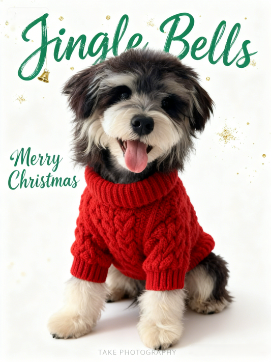 Holiday Sweater Chic Pet Portrait, Pet in Red Knit Jumper Art, Minimalist Christmas