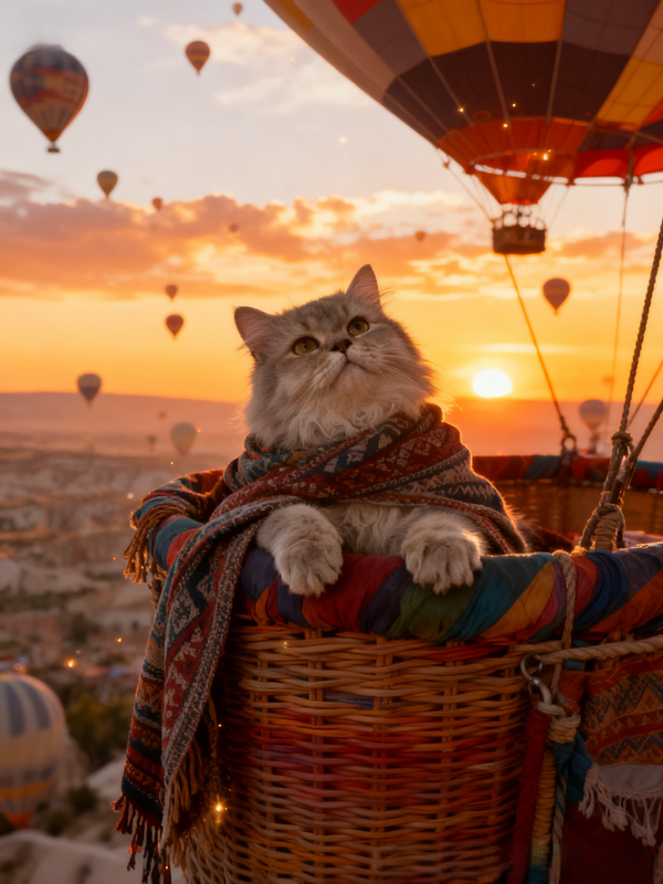 The Sky Wanderer Custom Pet Portrait, Air Balloon Adventure Art in Golden Hour Scenery