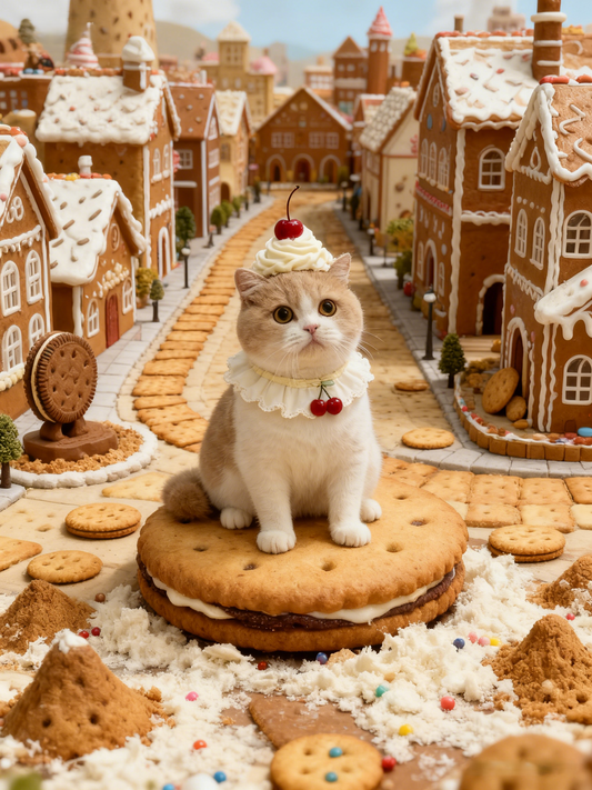 The Confectionery Kingdom Pet Portrait, Custom Pet Art in a Sweet Gingerbread City